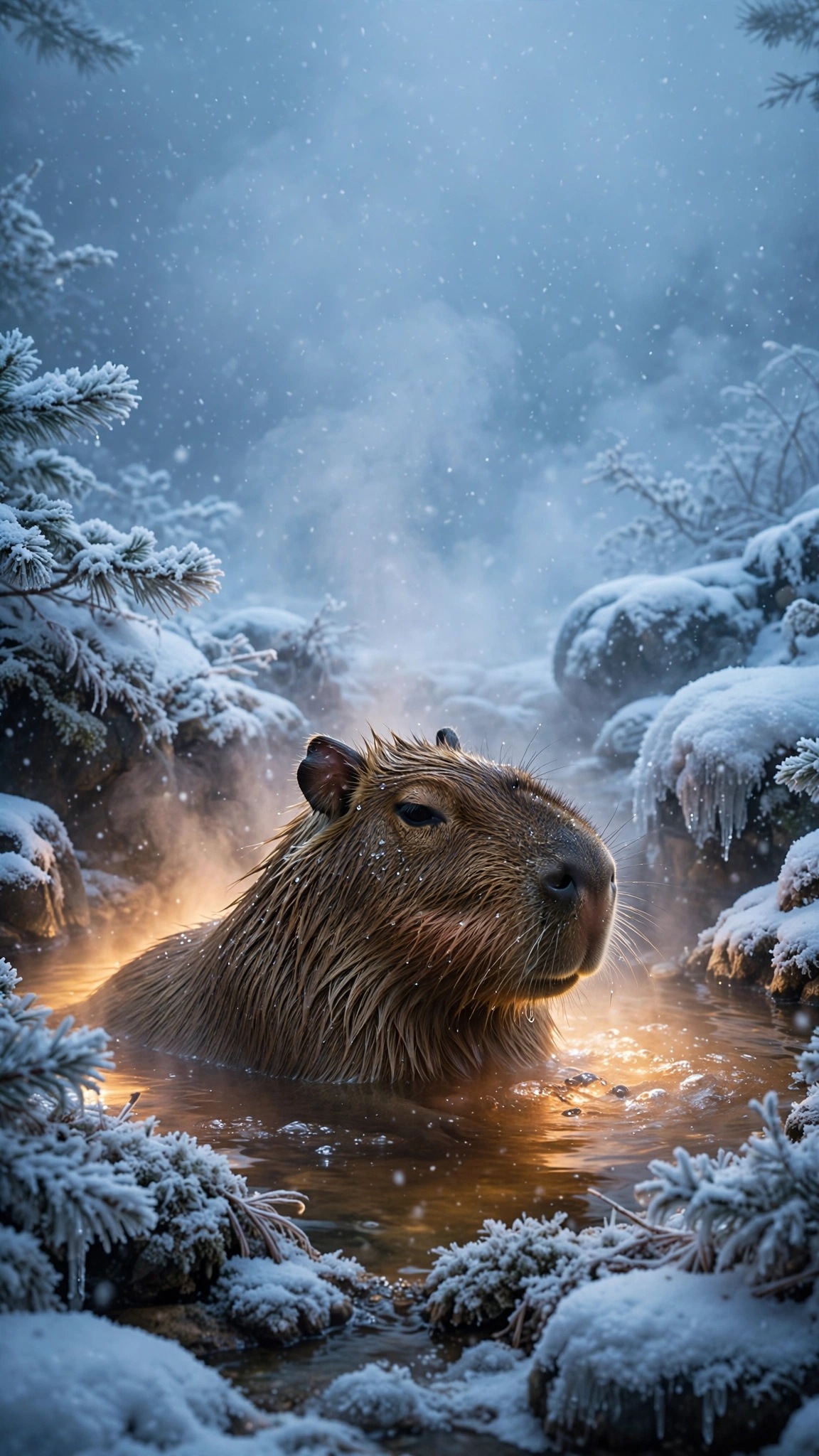 Capybara relaxing in snowy hot spring