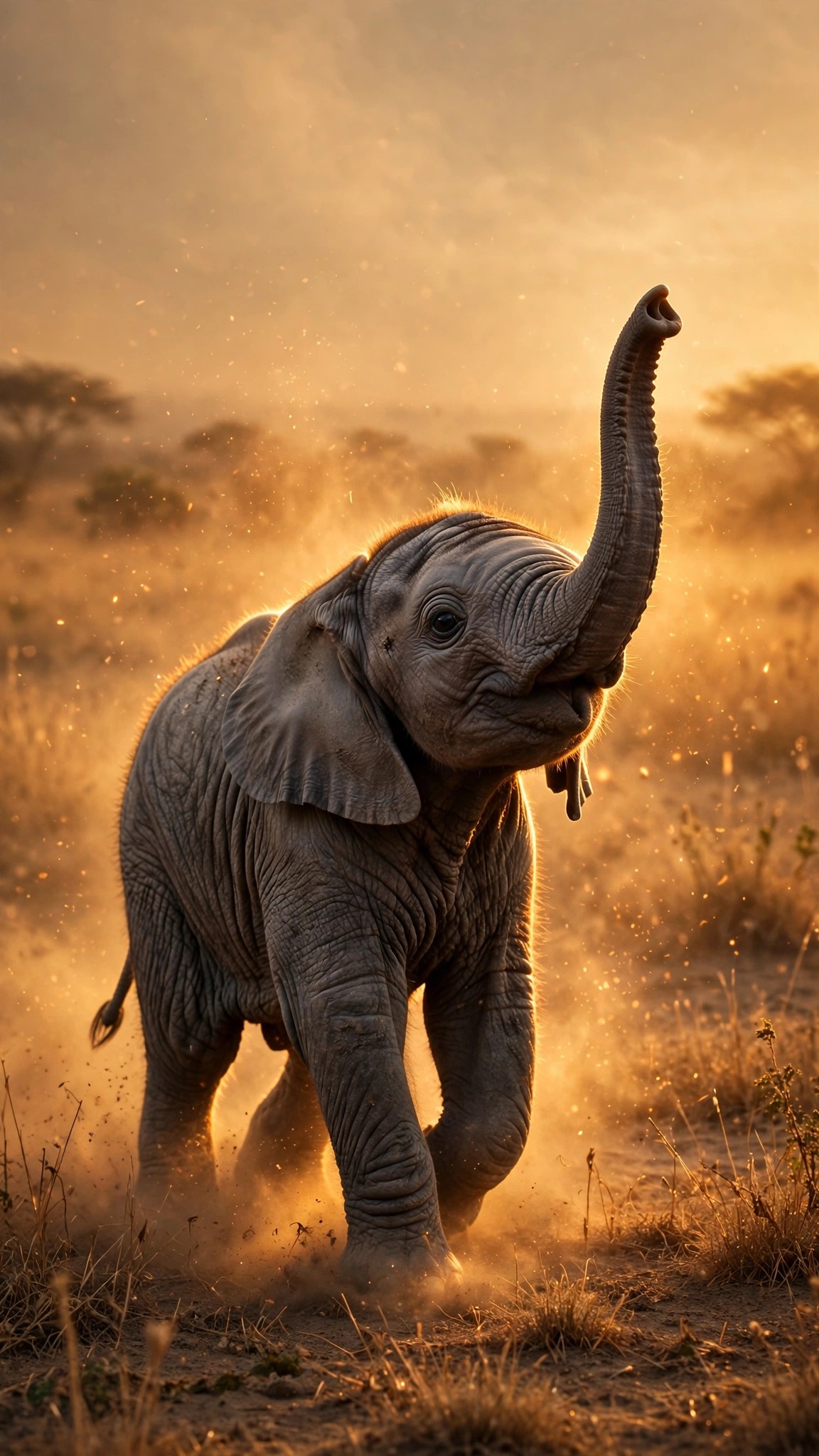 Baby elephant calf in golden savanna dust