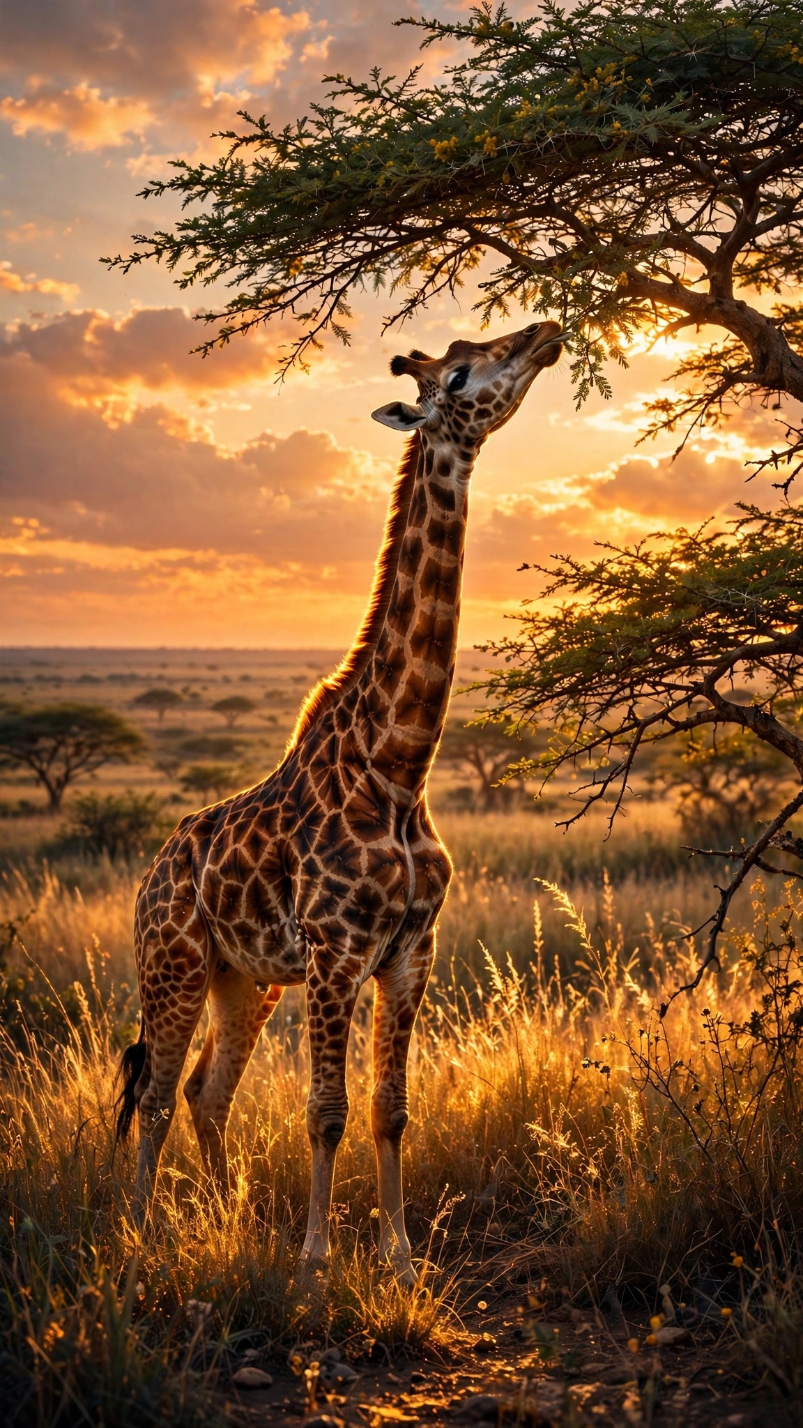 Giraffe eating acacia leaves at orange sunset
