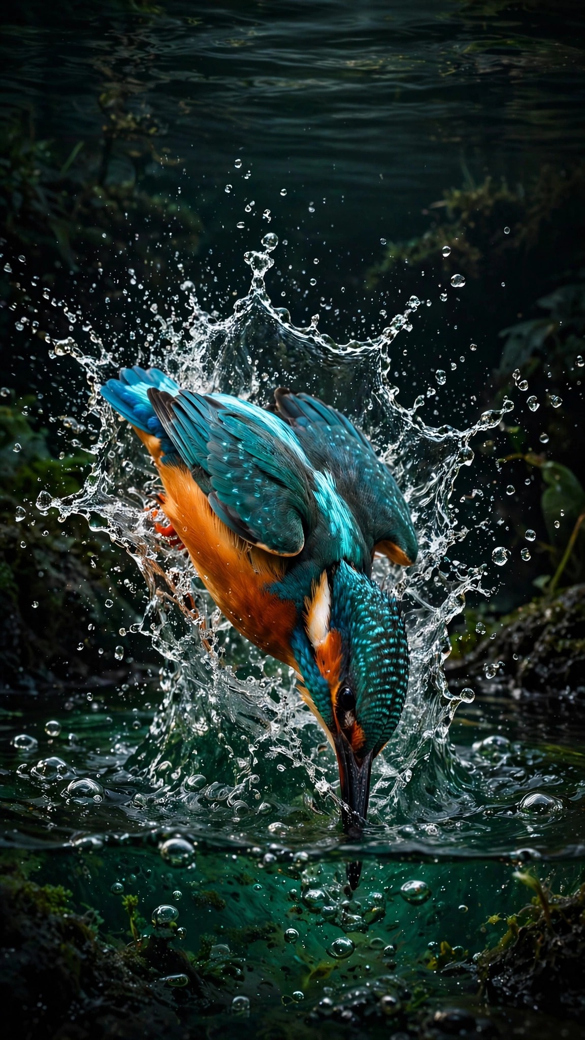 Turquoise kingfisher diving into emerald water with splash