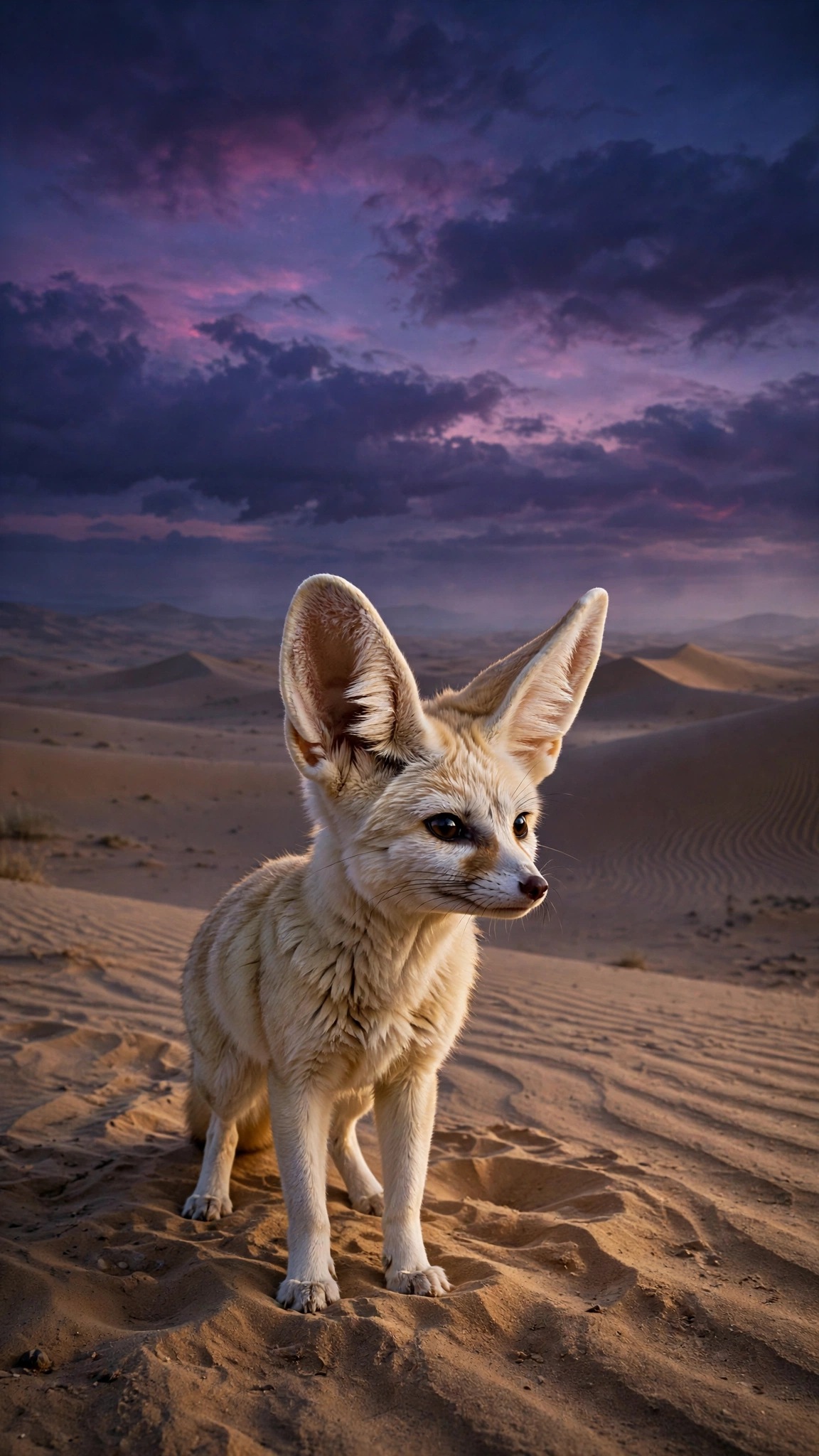 Fennec fox with huge ears in Sahara dunes at dusk, animals wallpaper