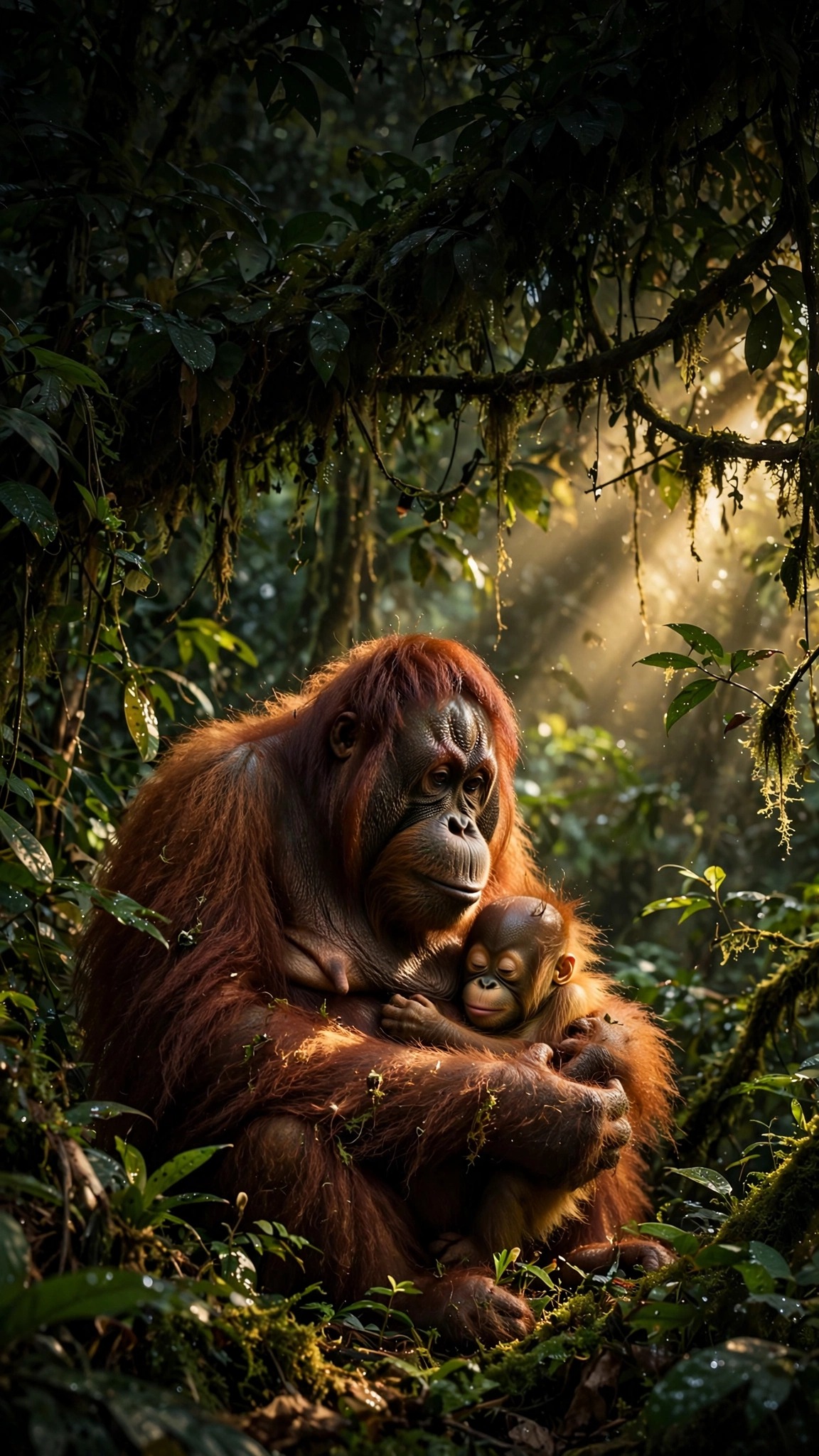 Orangutan mother holding her baby in a lush rainforest canopy, animals wallpaper