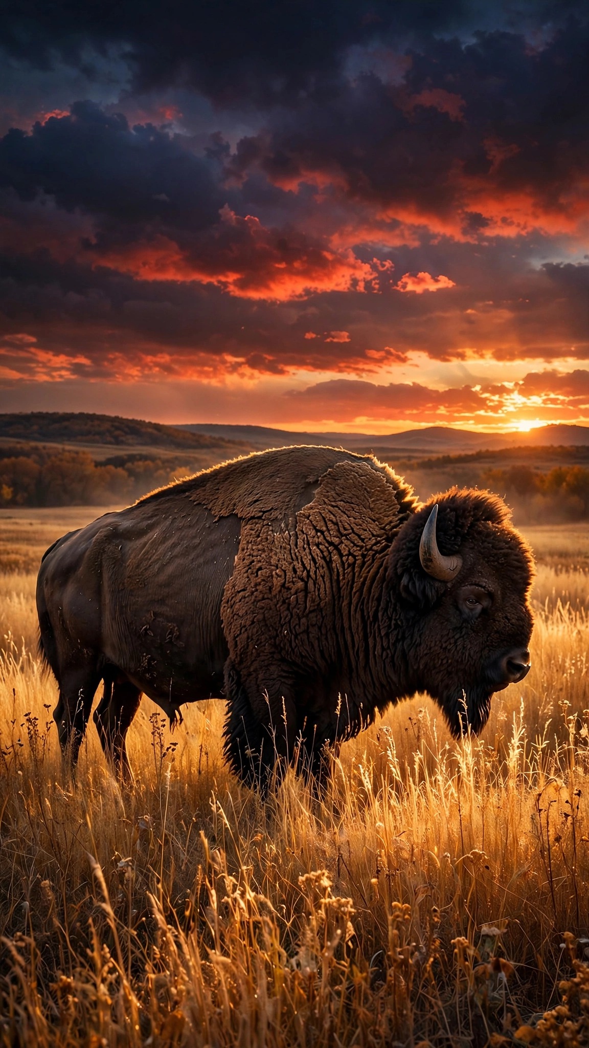 American bison standing in golden autumn prairie grass at sunset, vertical animals phone wallpaper