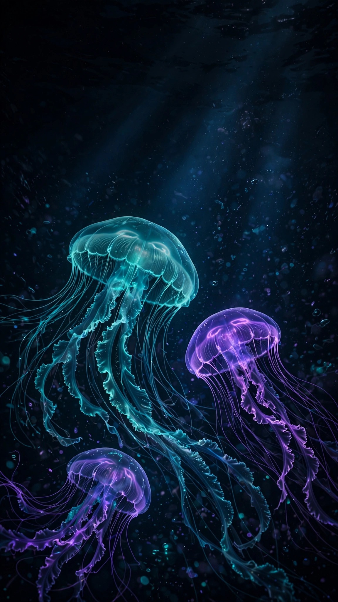 Glowing jellyfish drifting through deep dark ocean water, vertical animals phone wallpaper
