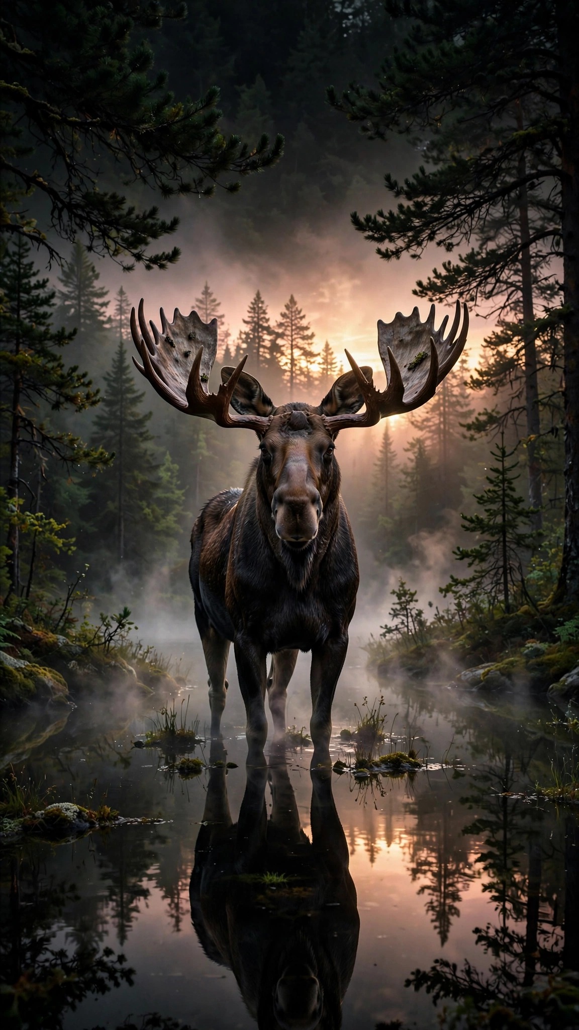 Moose with broad antlers standing in a misty lake at dawn, vertical animals phone wallpaper