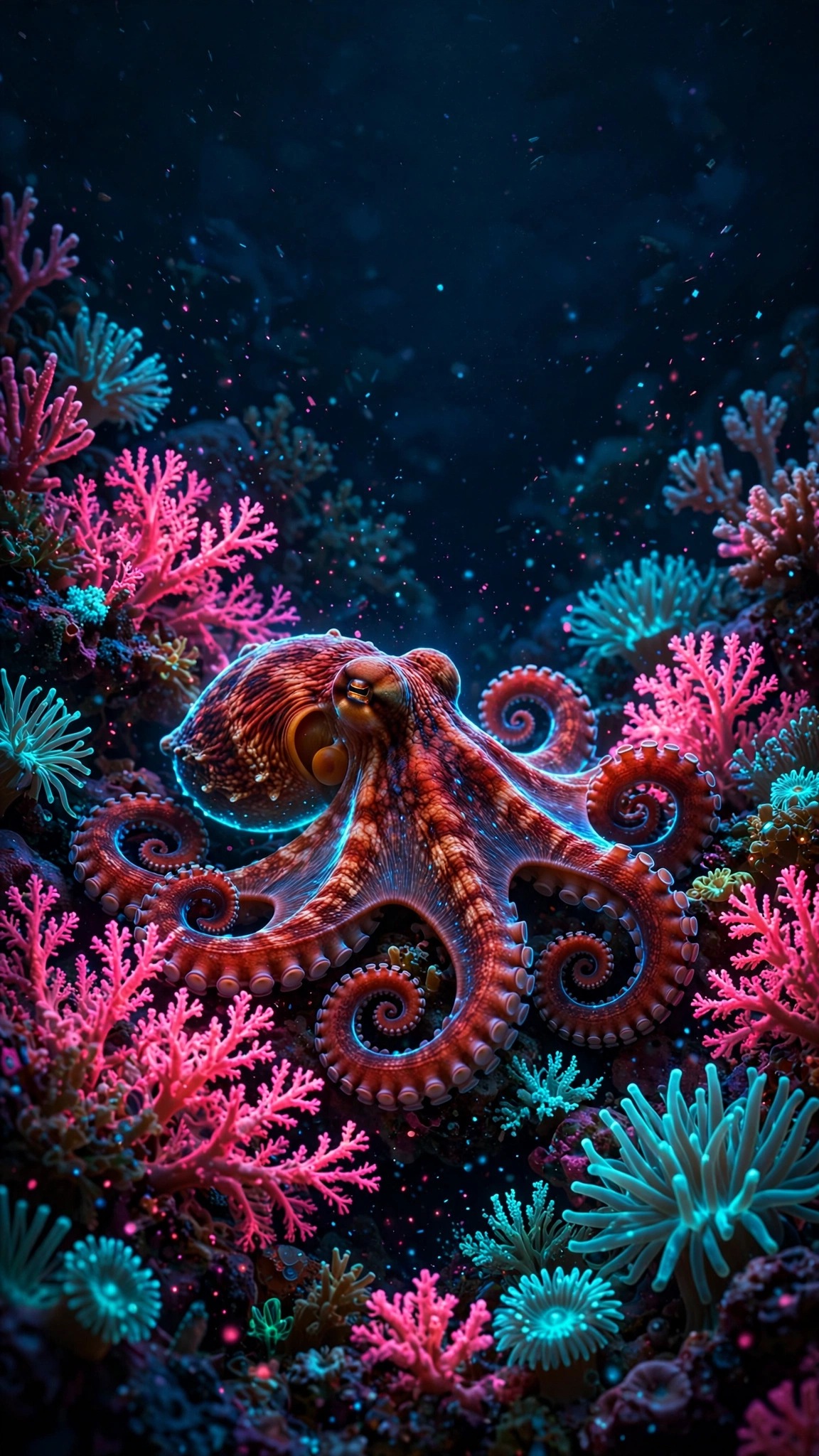 Red octopus resting on a glowing neon coral reef at night, vertical animals phone wallpaper