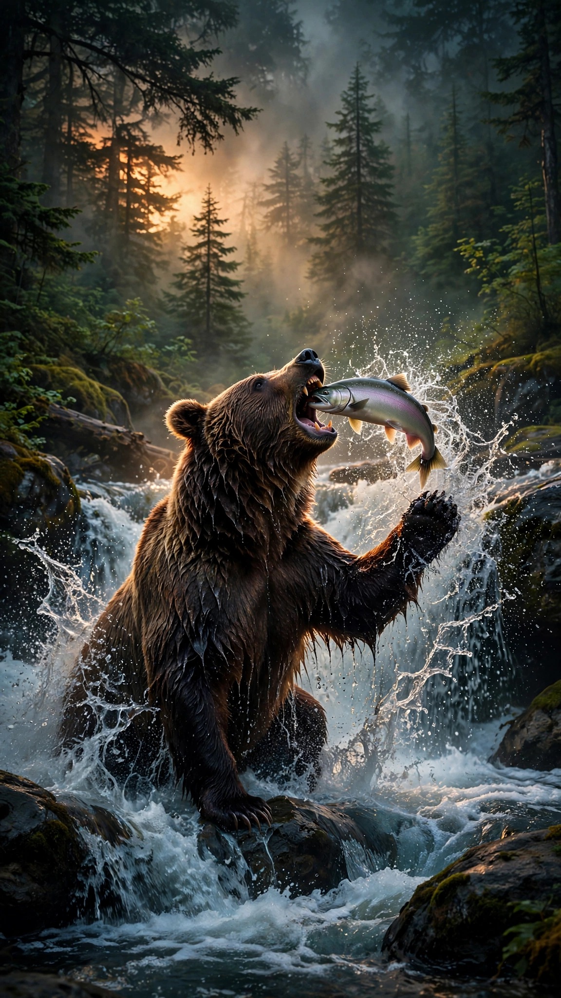 Brown bear catching salmon in waterfall at sunset, phone wallpaper