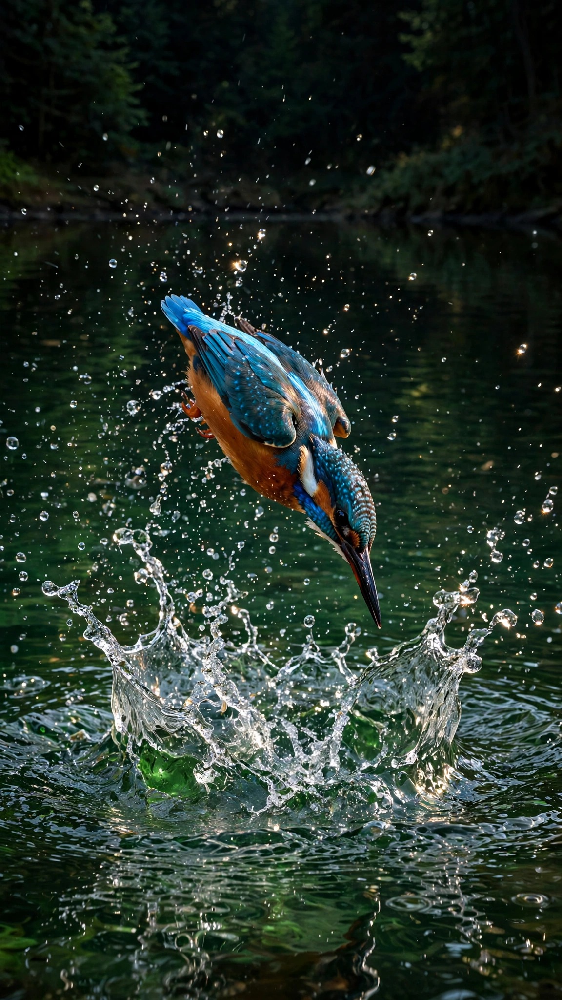 Kingfisher diving into emerald river with crystal splash, phone wallpaper