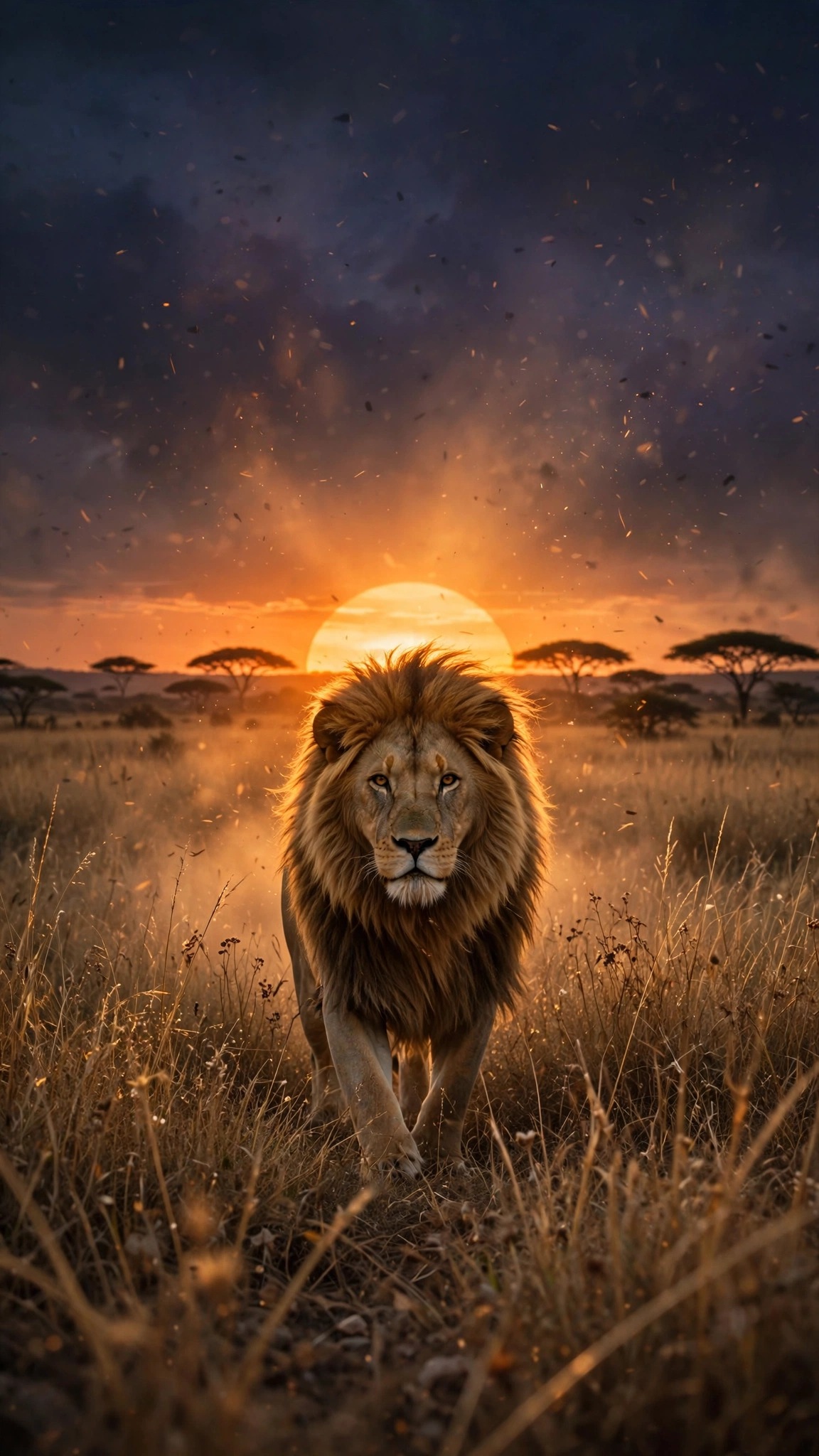 Lion walking through golden savanna at sunset with glowing mane, phone wallpaper