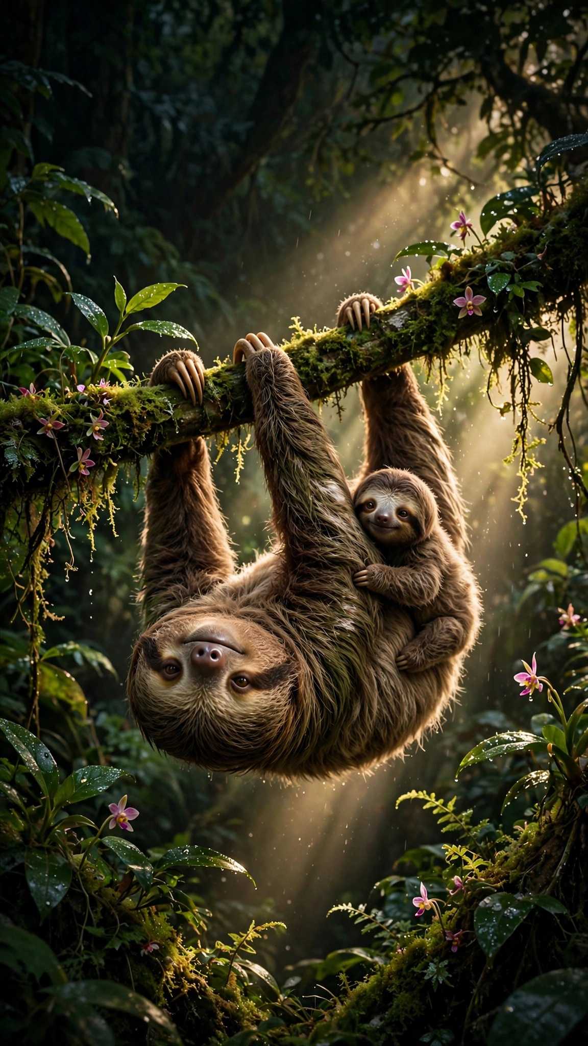 Sloth with baby hanging from rainforest branch in sunlight, phone wallpaper