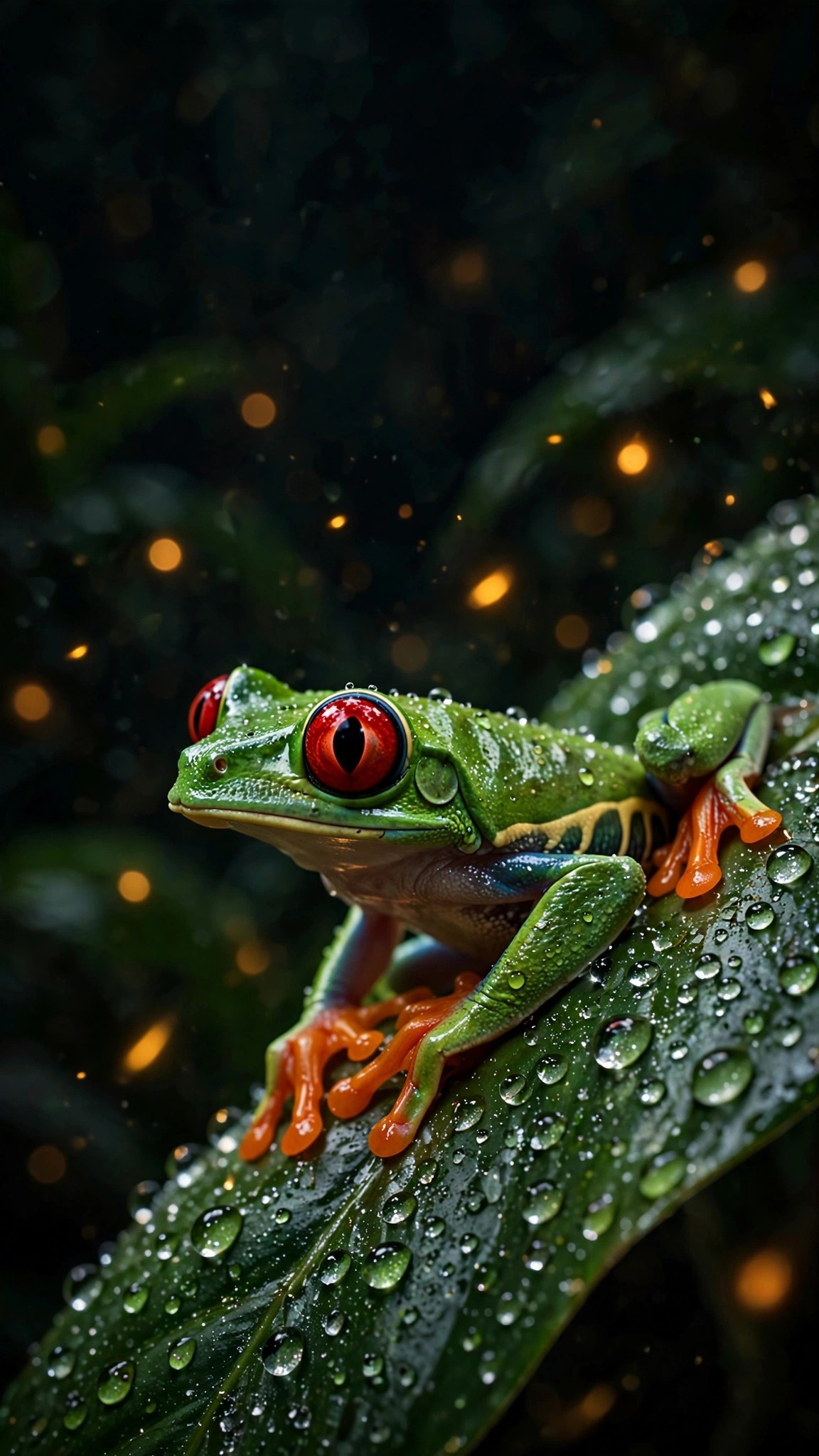 Red-eyed tree frog macro on dewdrop leaf at night, phone wallpaper
