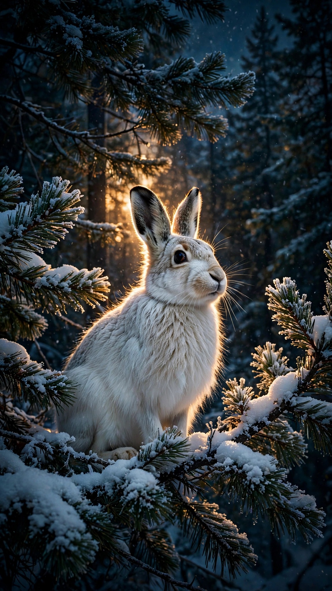 Snowy Hare Winter Forest, vertical animals phone wallpaper