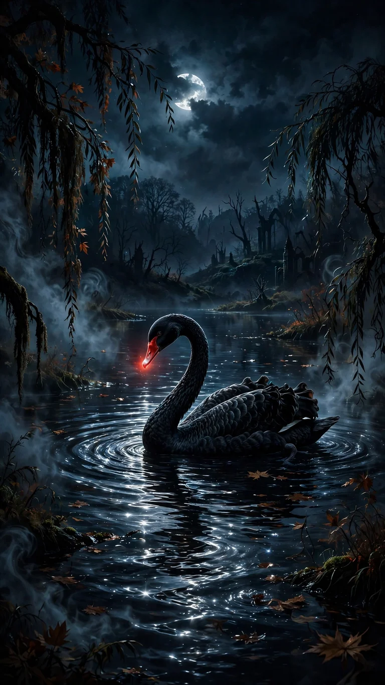 Black swan gliding across moonlit lake with willows and mist at night, vertical animals wallpaper