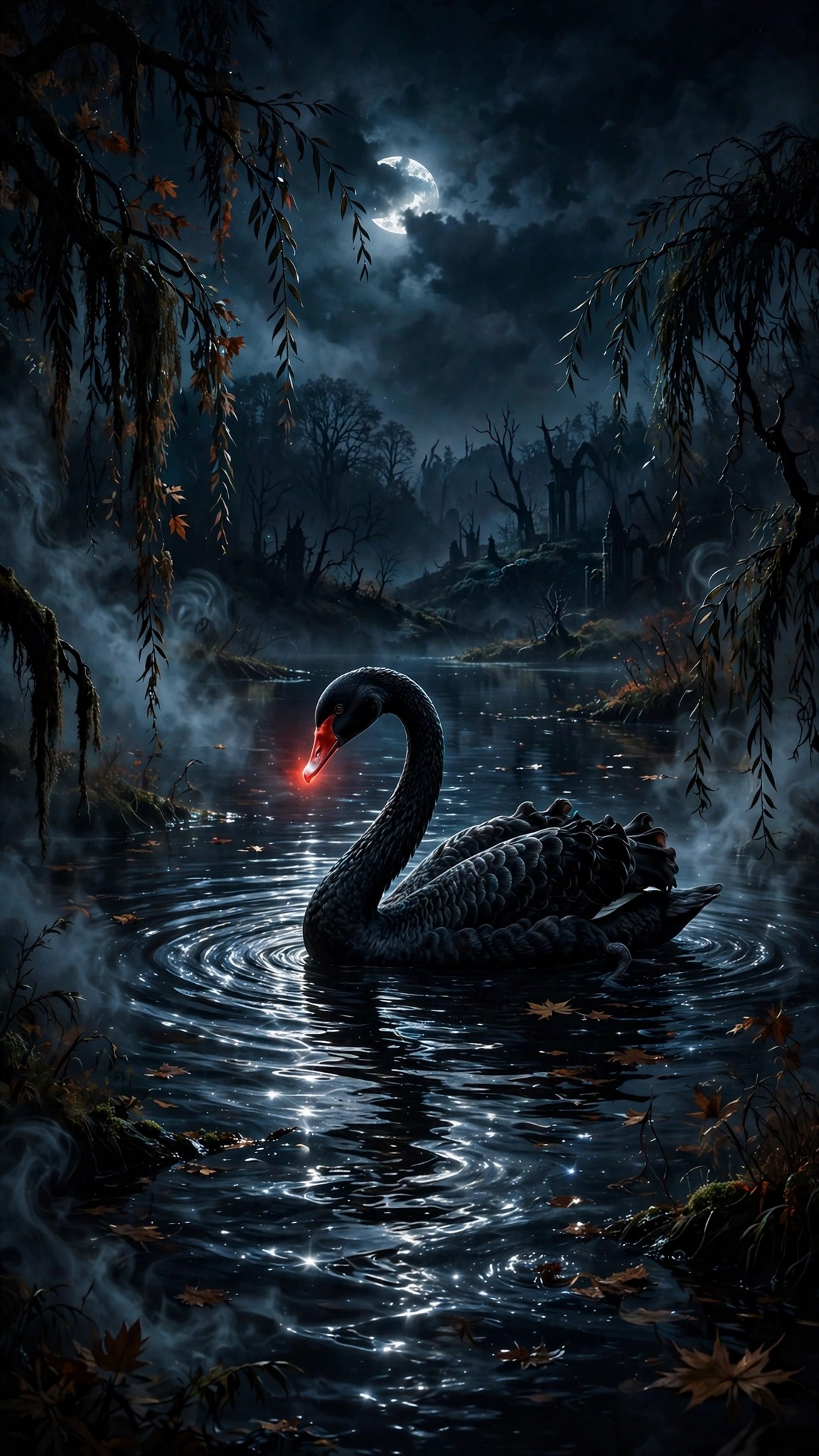 Black swan gliding across moonlit lake with willows and mist at night, vertical animals wallpaper