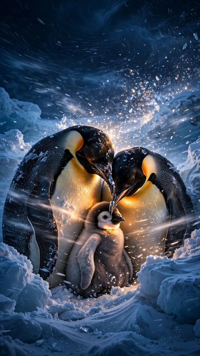 Emperor penguin family huddled in snowstorm at twilight, vertical phone wallpaper