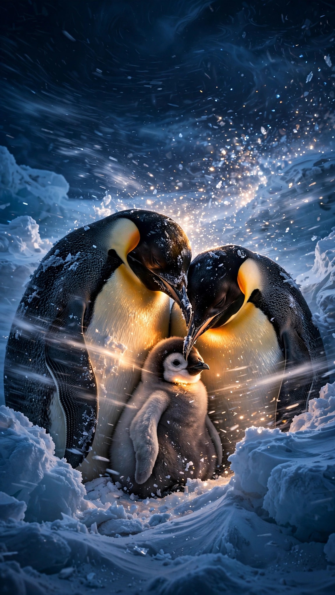 Emperor penguin family huddled in snowstorm at twilight, vertical phone wallpaper