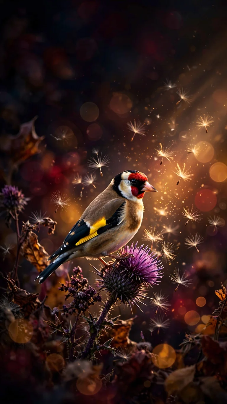 European goldfinch on purple thistle in autumn golden light, vertical animals wallpaper