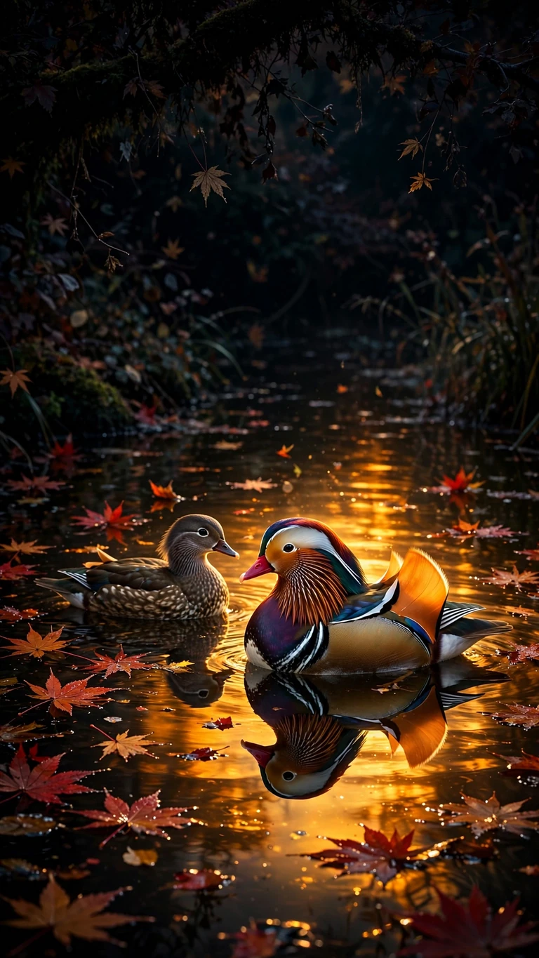Mandarin duck pair on calm autumn pond with floating red maple leaves, vertical phone wallpaper