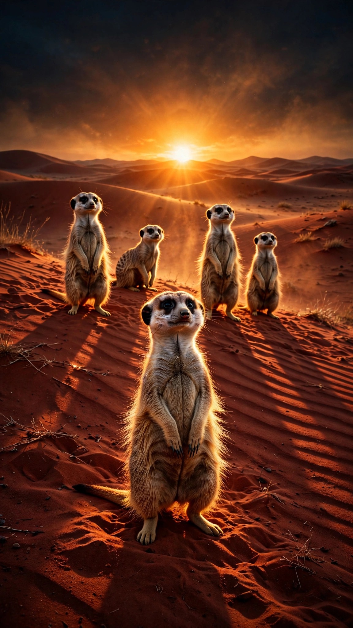 Meerkat mob standing sentinel on red desert dunes at sunrise, vertical animals wallpaper