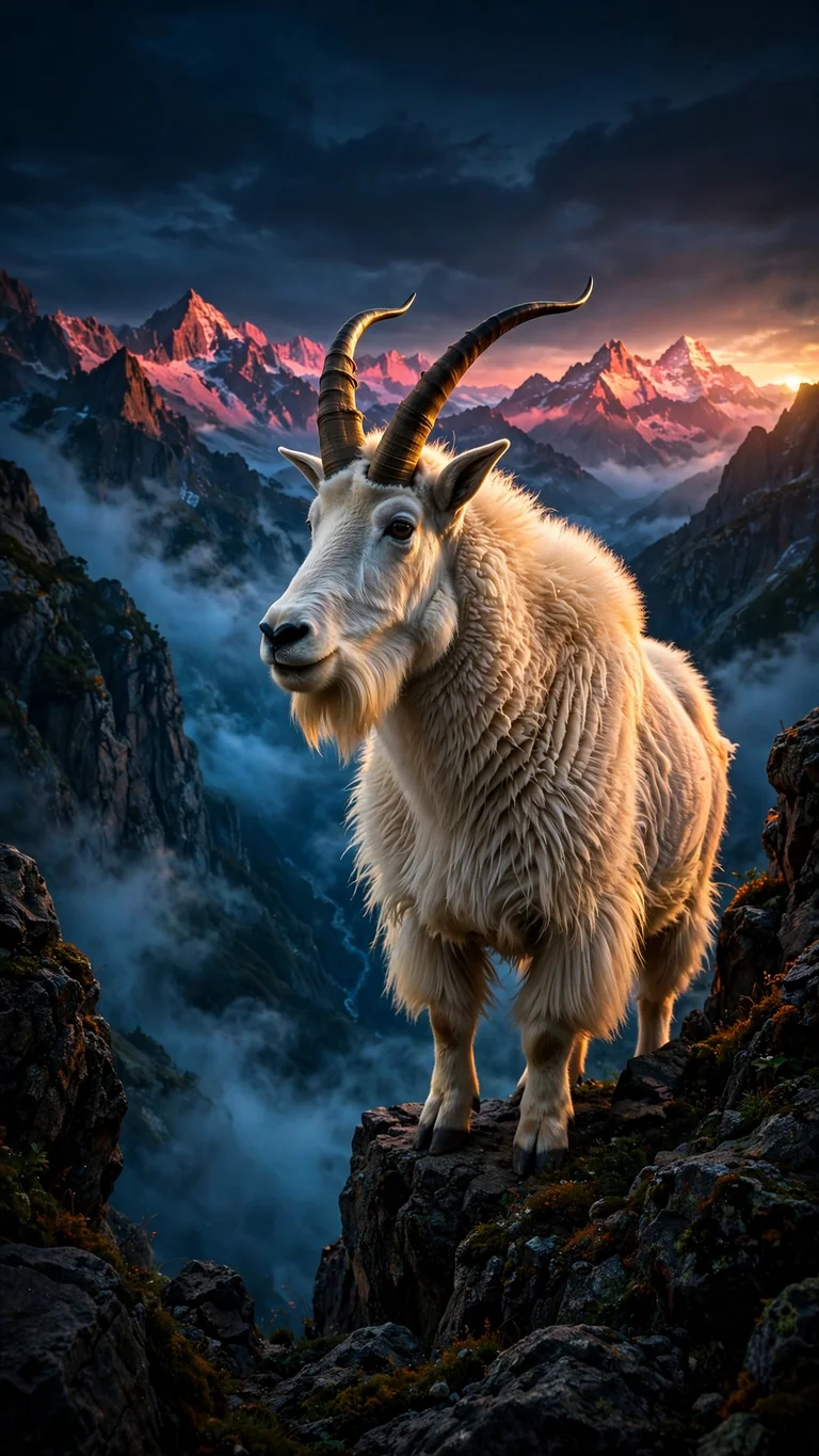 Mountain goat with curved horns on alpine cliff at sunrise, vertical animals wallpaper