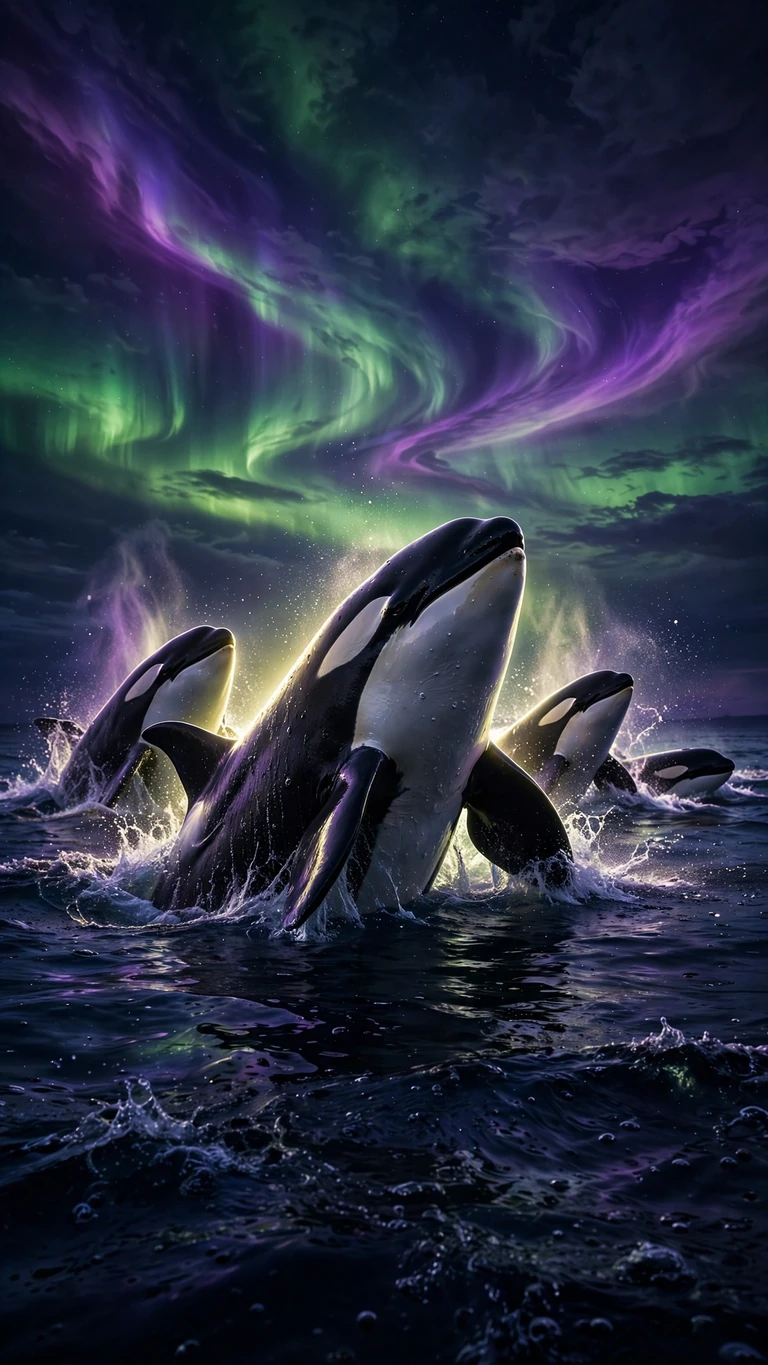 Orca pod surfacing under green and violet aurora at night, vertical phone wallpaper