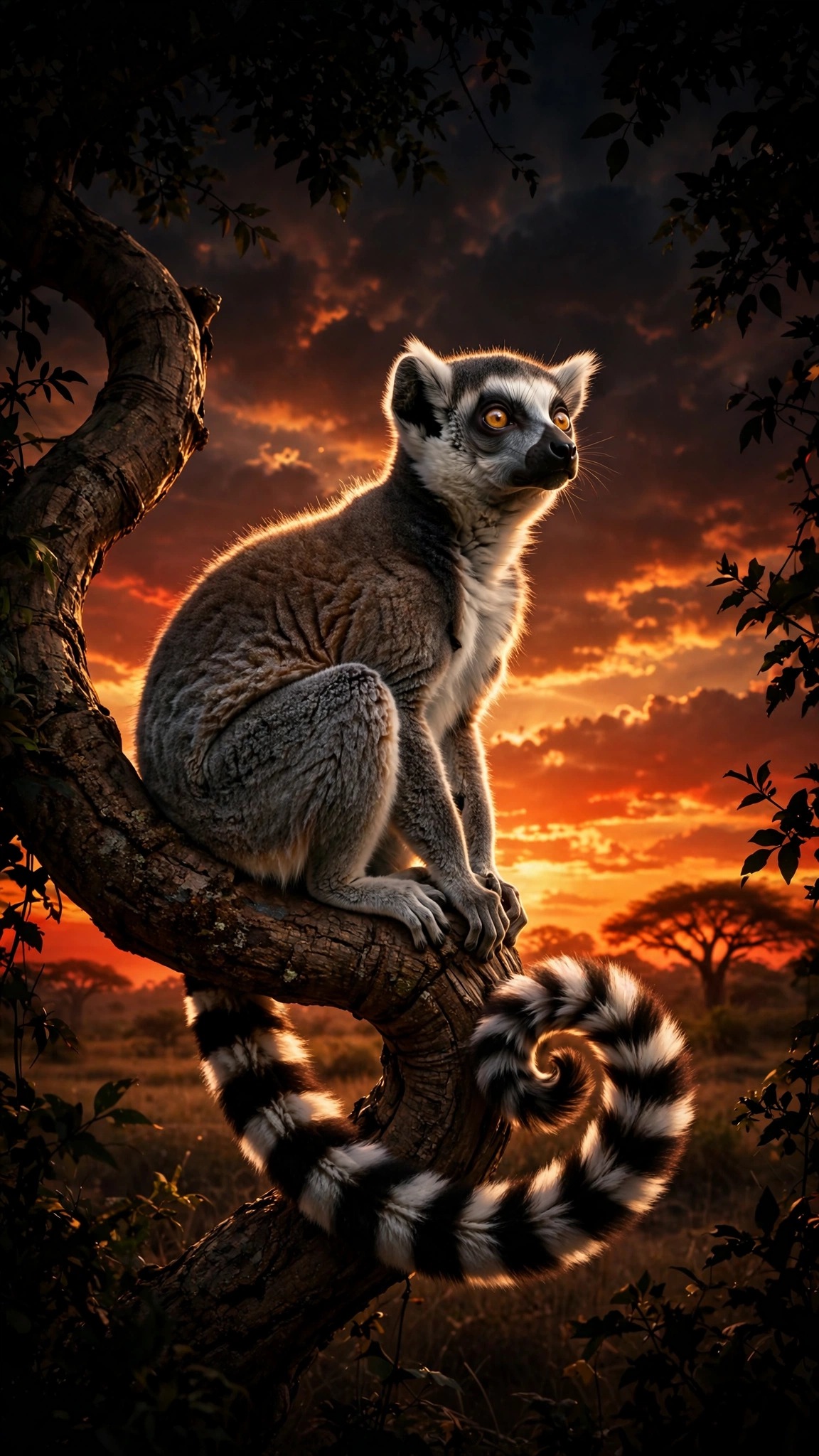 Ring-tailed lemur perched on baobab branch at sunset over glowing savanna, vertical phone wallpaper