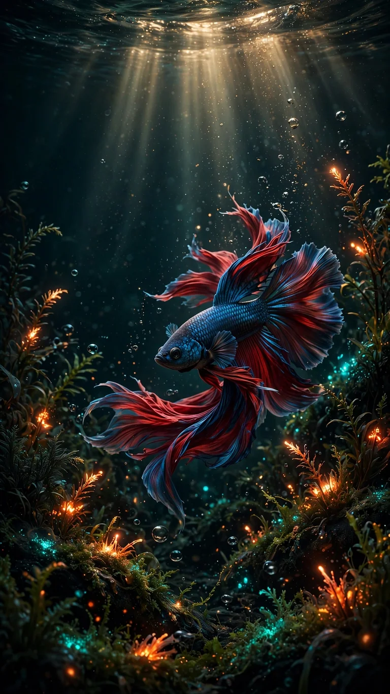 Siamese betta fish with flowing fins among ember-lit underwater plants, vertical animals wallpaper