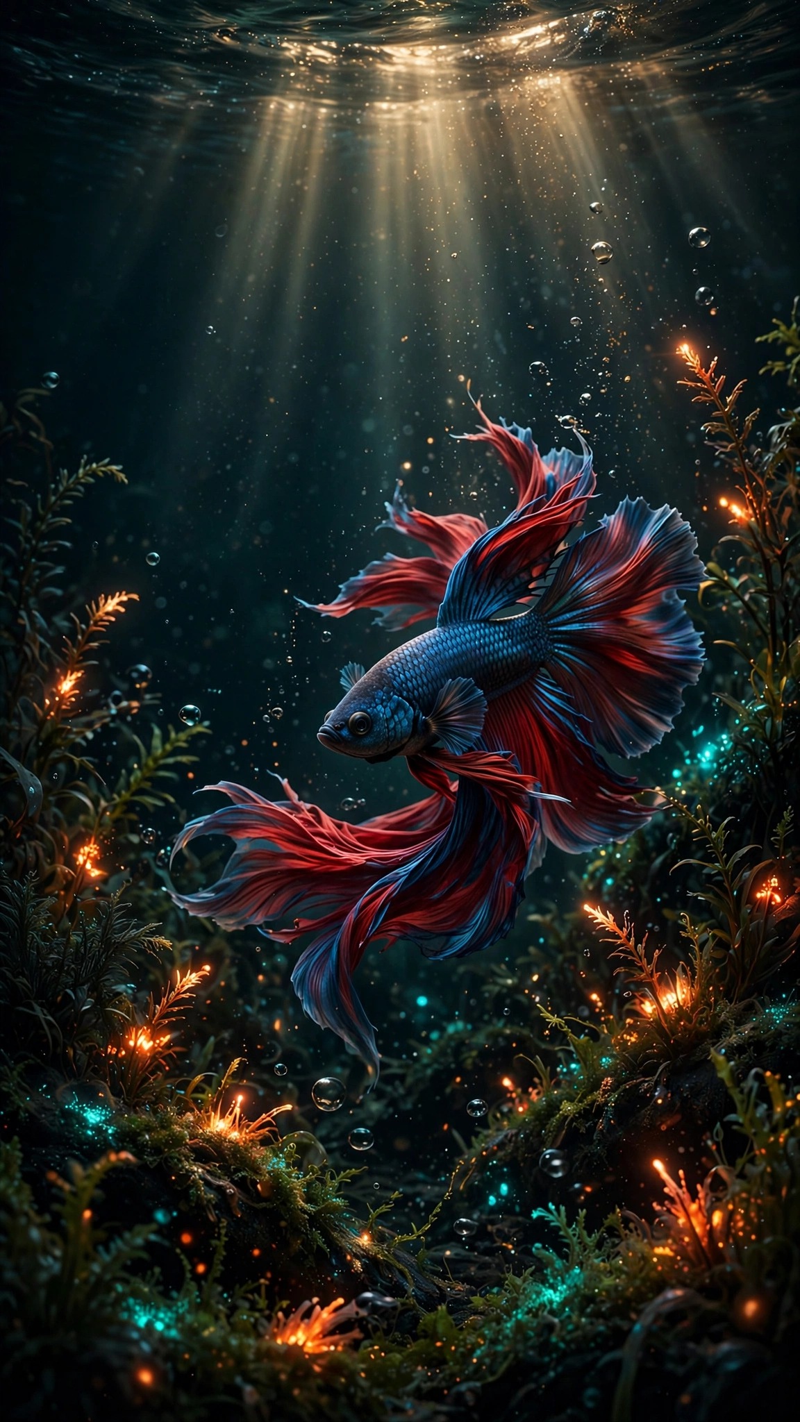 Siamese betta fish with flowing fins among ember-lit underwater plants, vertical animals wallpaper