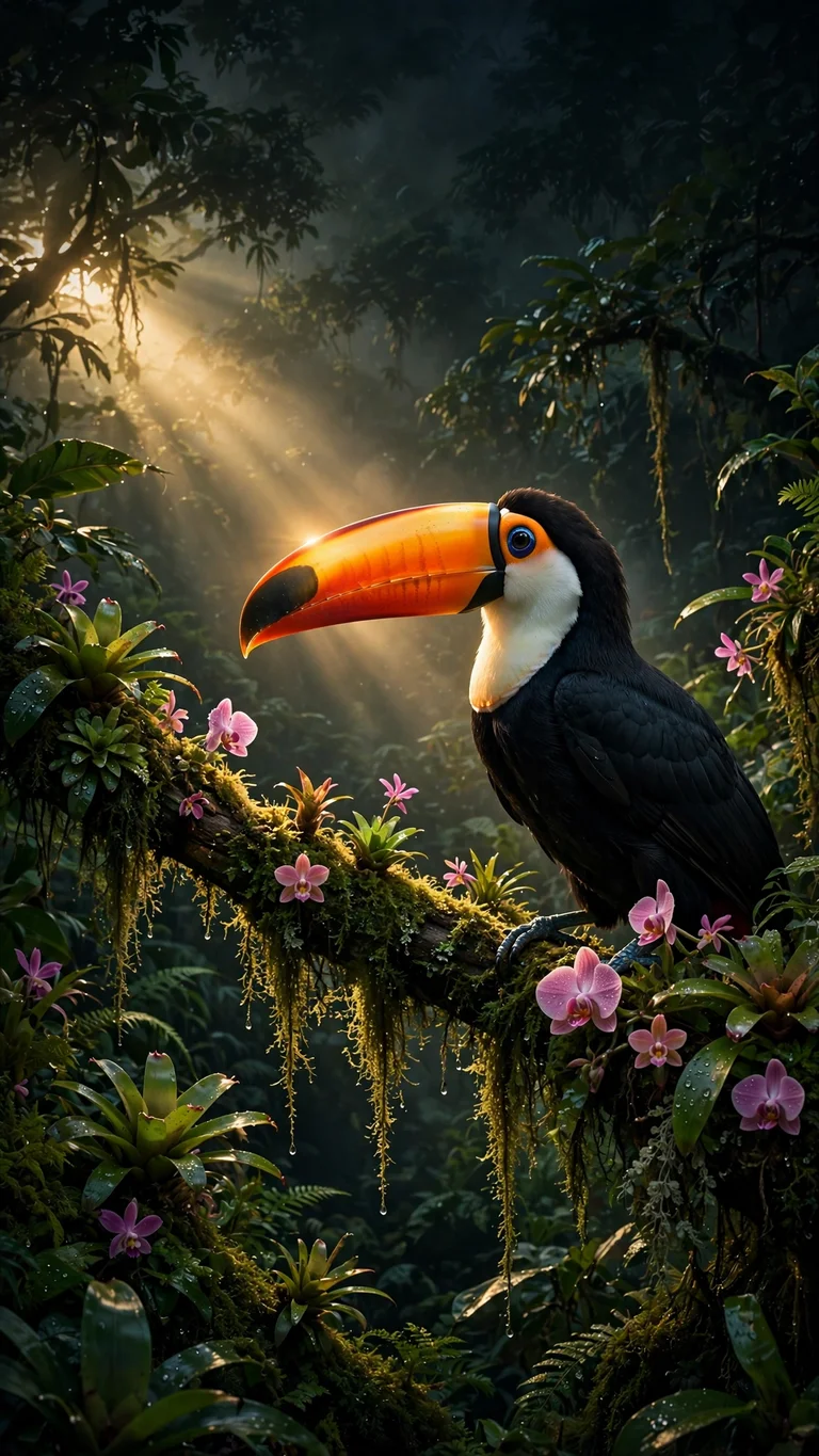 Toco toucan with orange beak on mossy branch in misty rainforest at dawn, vertical animals wallpaper