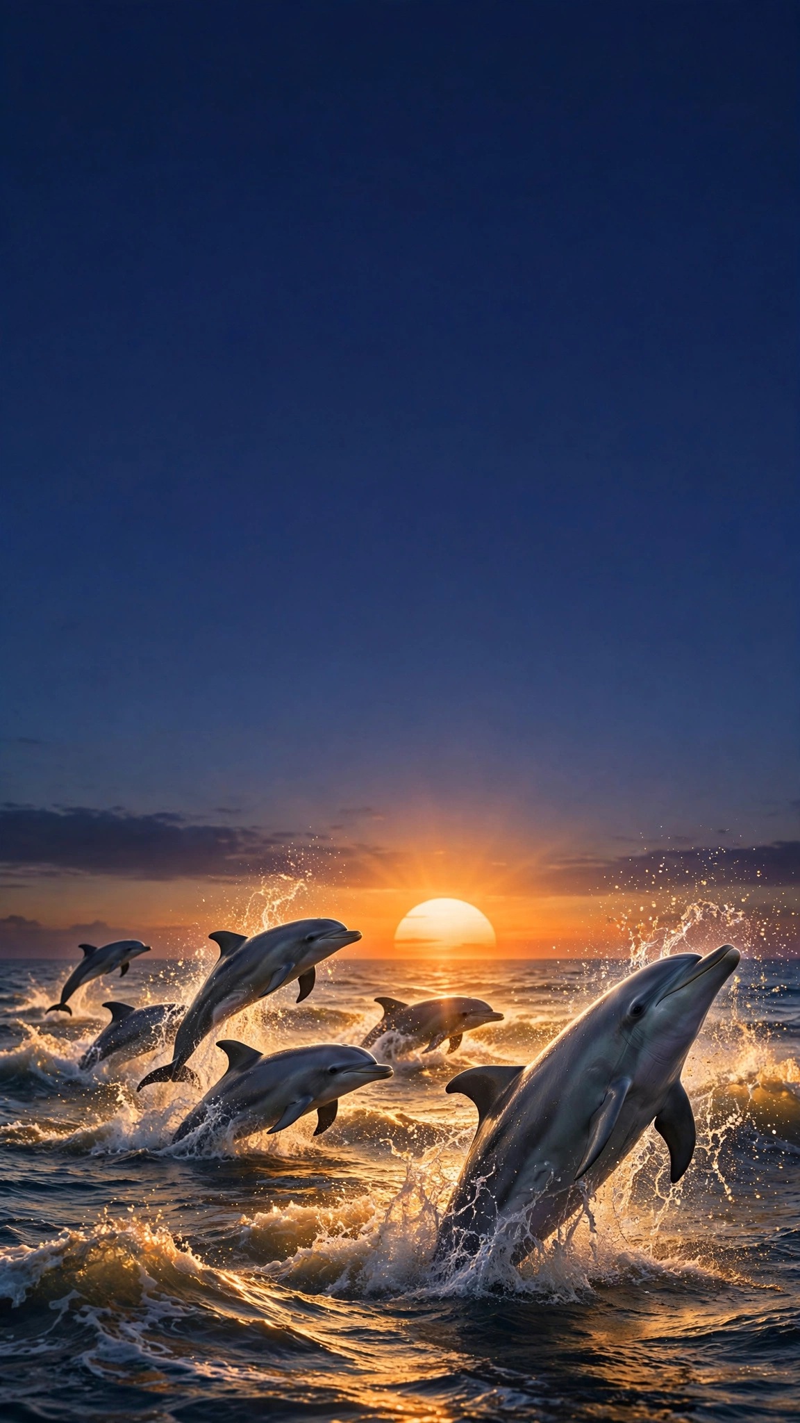 Dolphin pod leaping through sunset ocean waves, vertical animals wallpaper