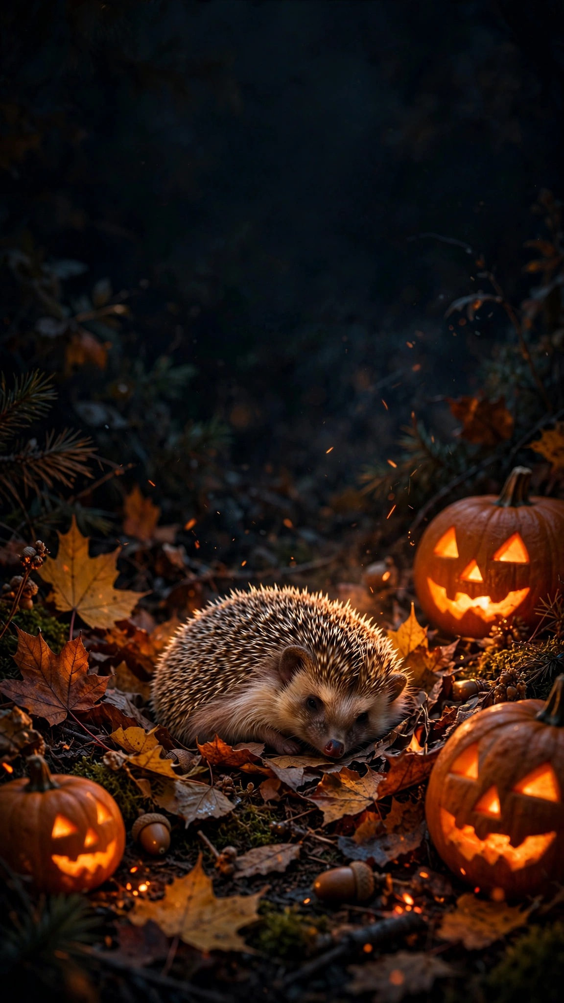 Hedgehog among autumn leaves and glowing pumpkins, vertical animals wallpaper