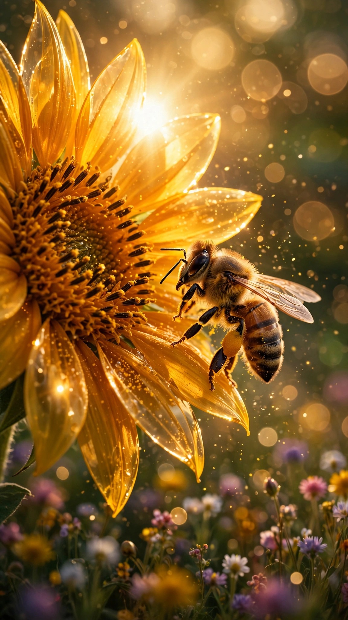 Honeybee macro on glowing sunflower at golden hour, vertical nature wallpaper