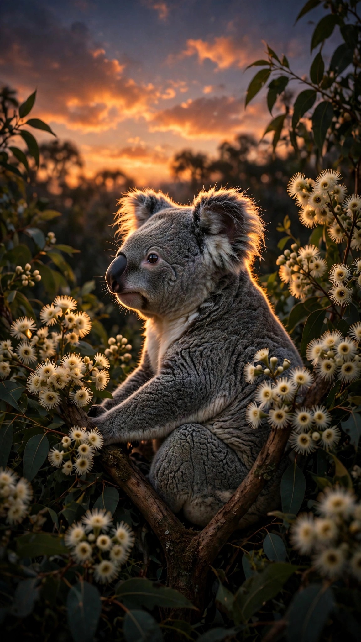 Koala in eucalyptus tree with blossoms at dusk, vertical animal wallpaper