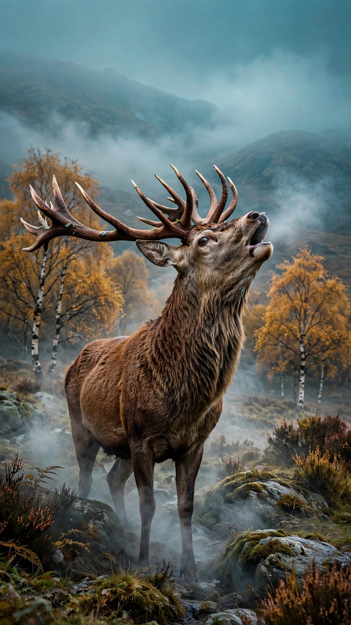 Red deer stag bellowing in misty autumn highlands, vertical wildlife wallpaper