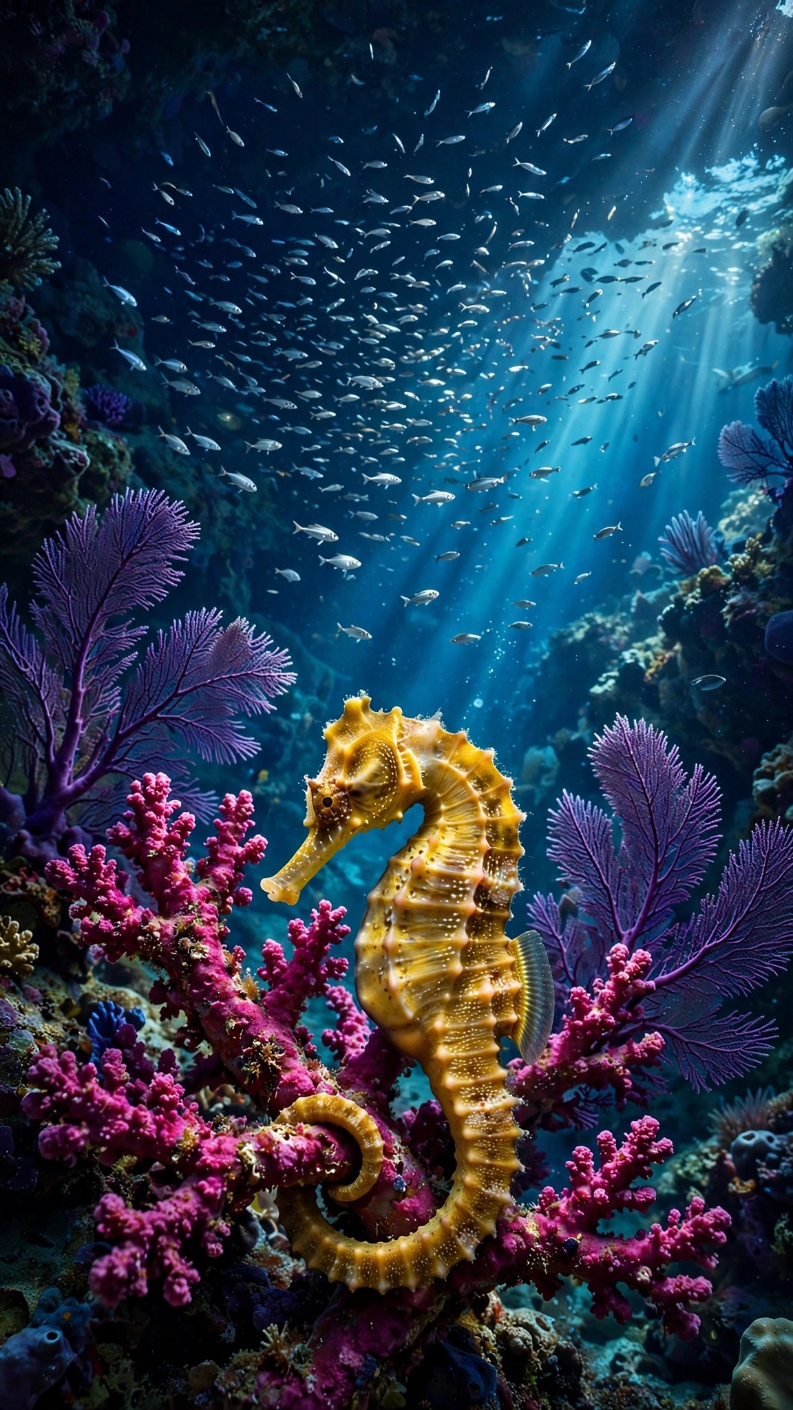 Golden seahorse on magenta coral in sunlit grotto, vertical underwater wallpaper
