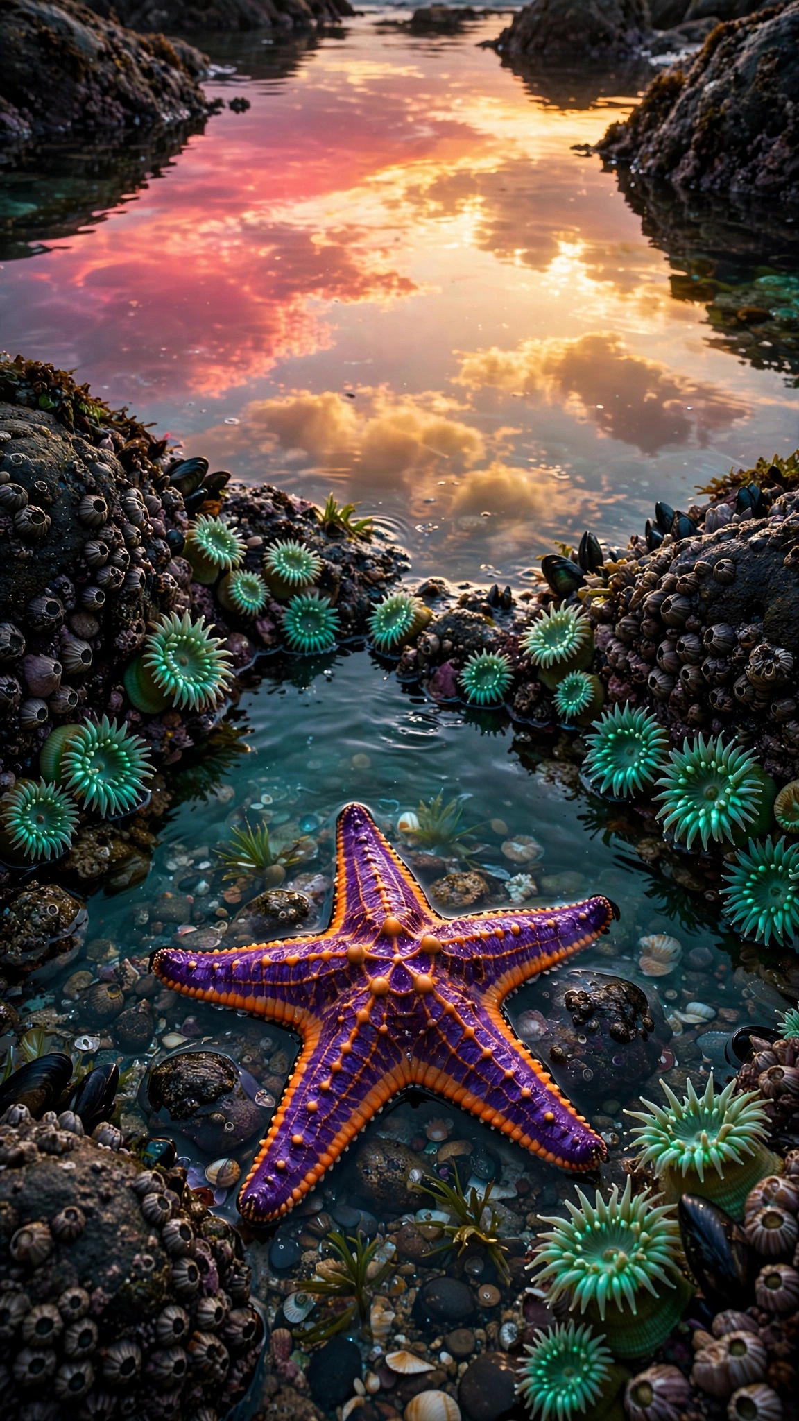 Violet starfish in tidepool reflecting sunset sky, vertical ocean wallpaper