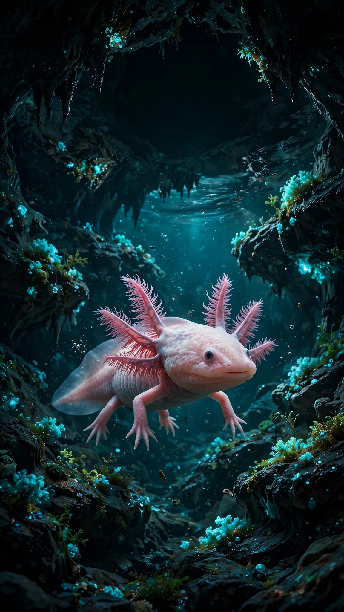 Pink axolotl swimming in glowing turquoise cave pool, vertical wallpaper