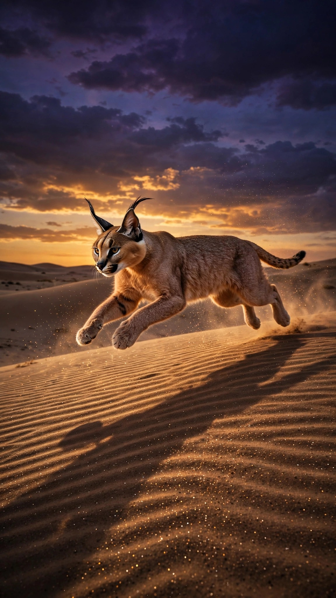 Caracal wildcat leaping over desert dunes at dusk, vertical wildlife wallpaper