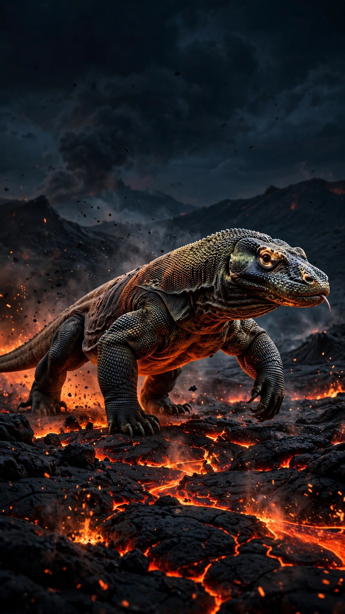 Komodo dragon on volcanic rock glowing with lava cracks at night, vertical wallpaper