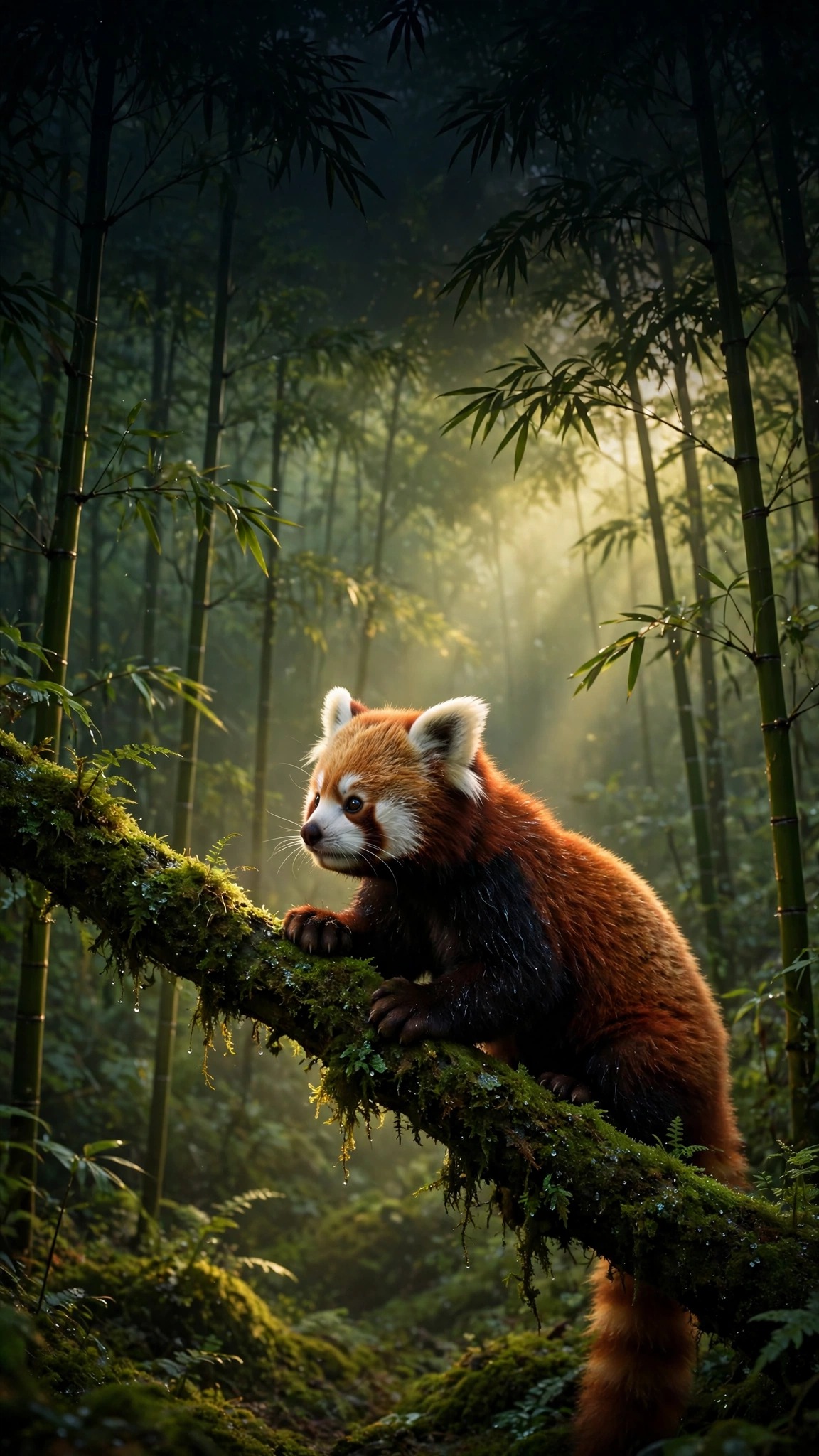 Red panda on mossy branch in bamboo forest at dawn, vertical wildlife wallpaper