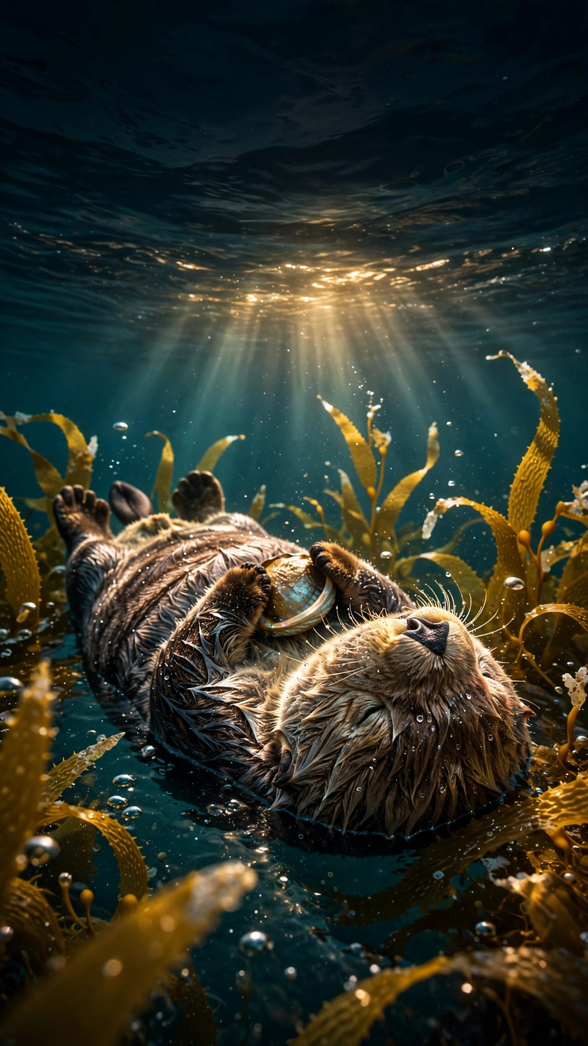 Sea otter floating in kelp bed holding a shell, vertical wildlife wallpaper
