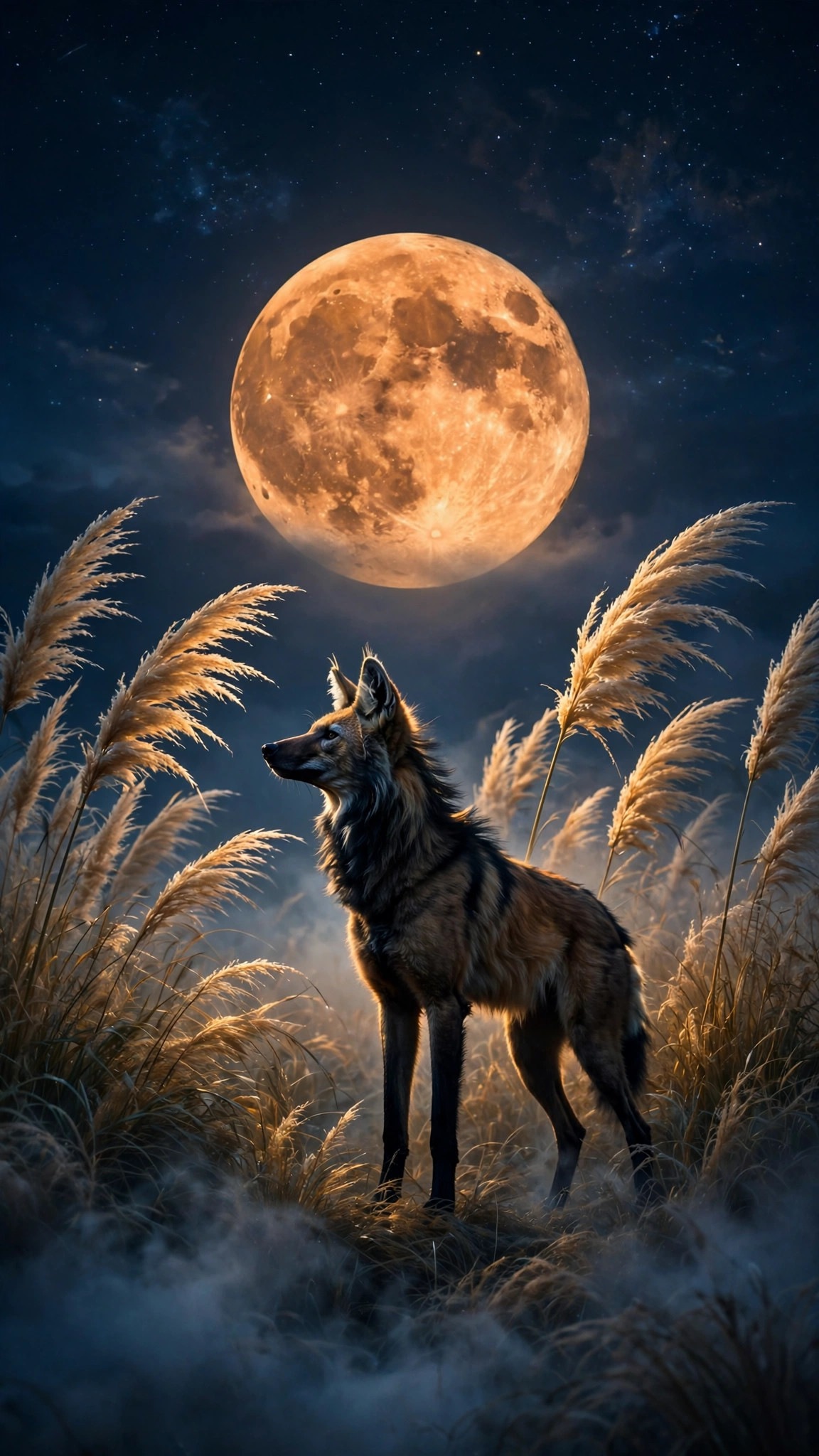 Maned wolf in golden pampas grass under a huge orange harvest moon at night, vertical wallpaper