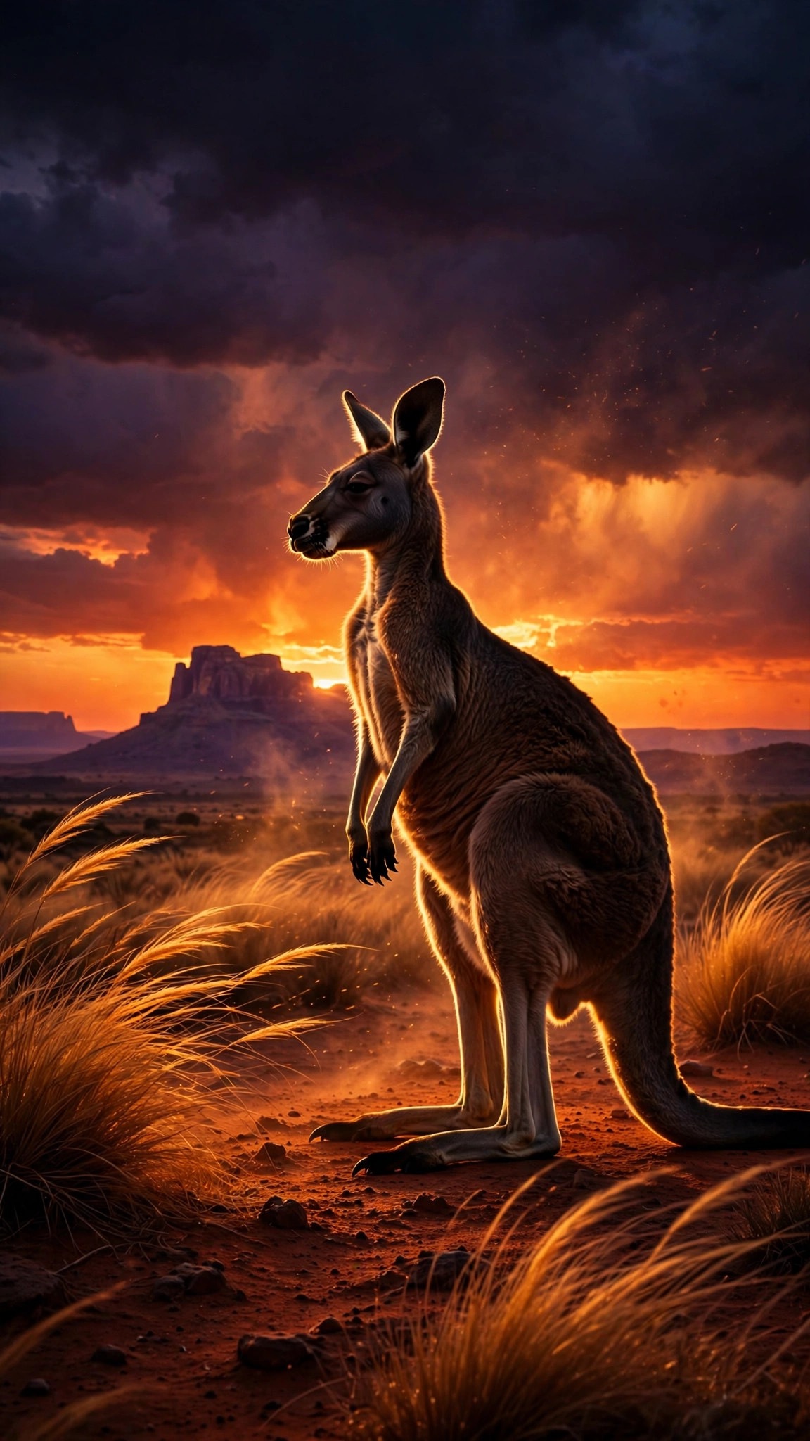 Red kangaroo standing on dusty outback earth at sunset with fiery orange sky, vertical wallpaper