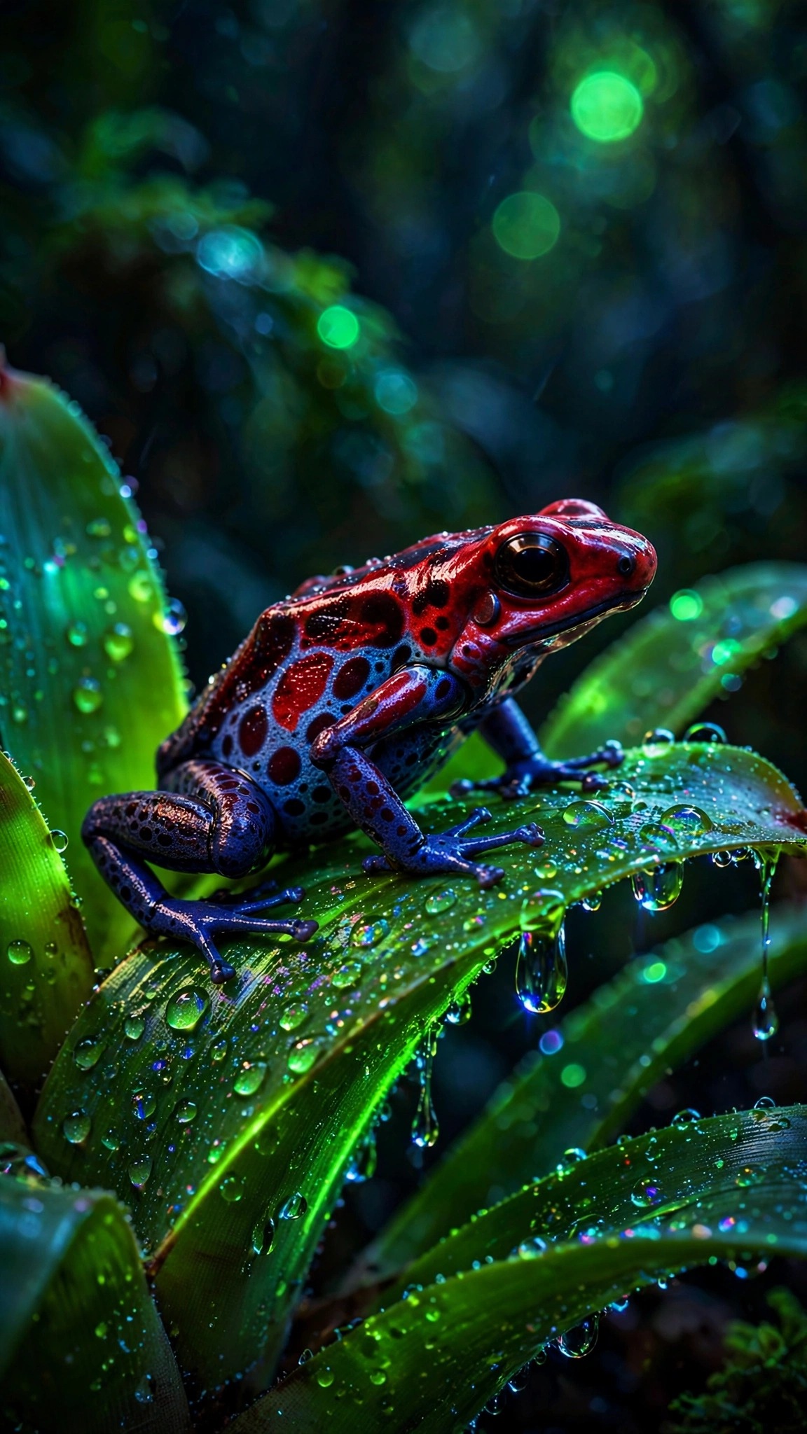 Poison dart frog on a glowing bromeliad leaf, jewel macro
