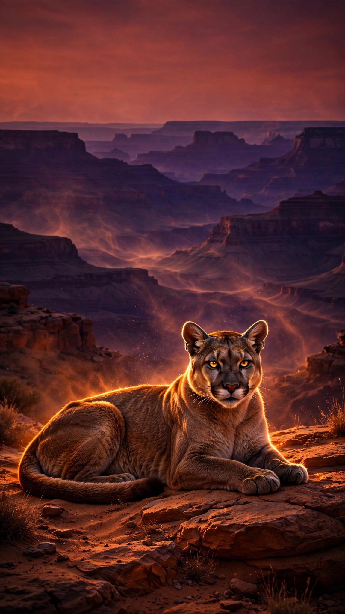 Puma resting on a canyon rock at ember-red dusk
