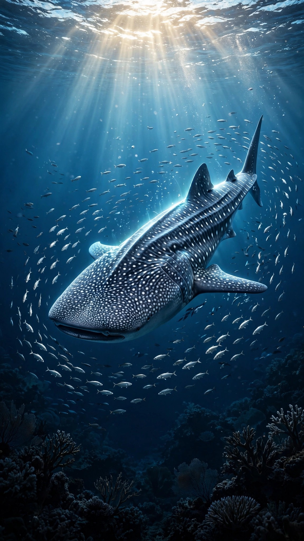 Whale shark gliding through god rays in deep blue water