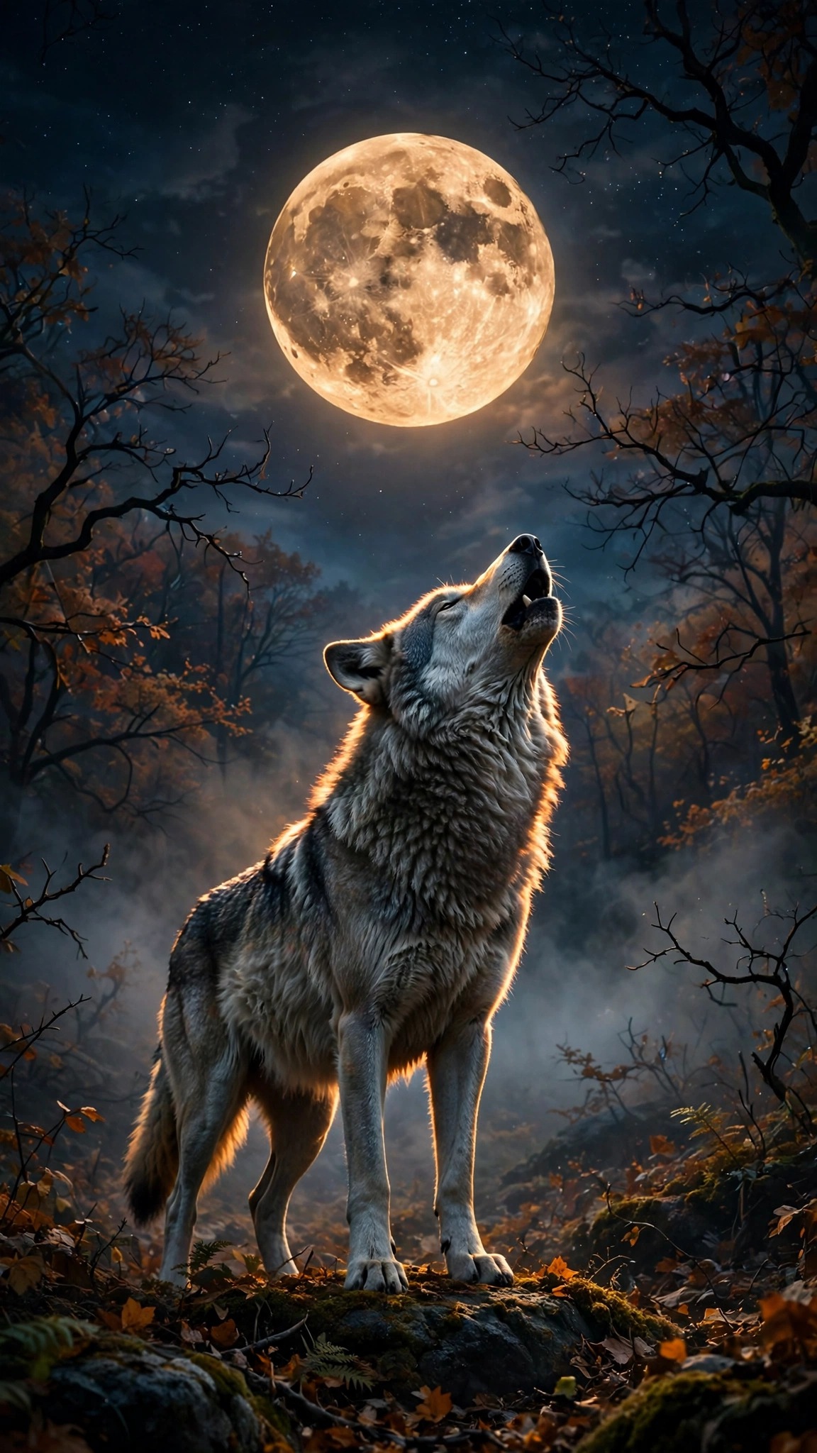 Gray wolf howling beneath a huge full harvest moon on a misty October night