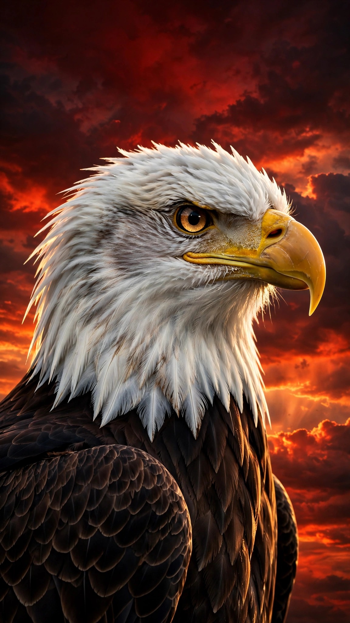 bald eagle close-up against crimson sunset sky wallpaper