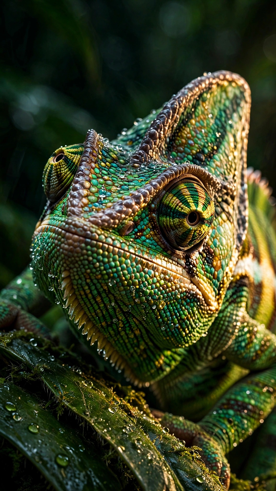 veiled chameleon extreme macro on rainforest leaf wallpaper
