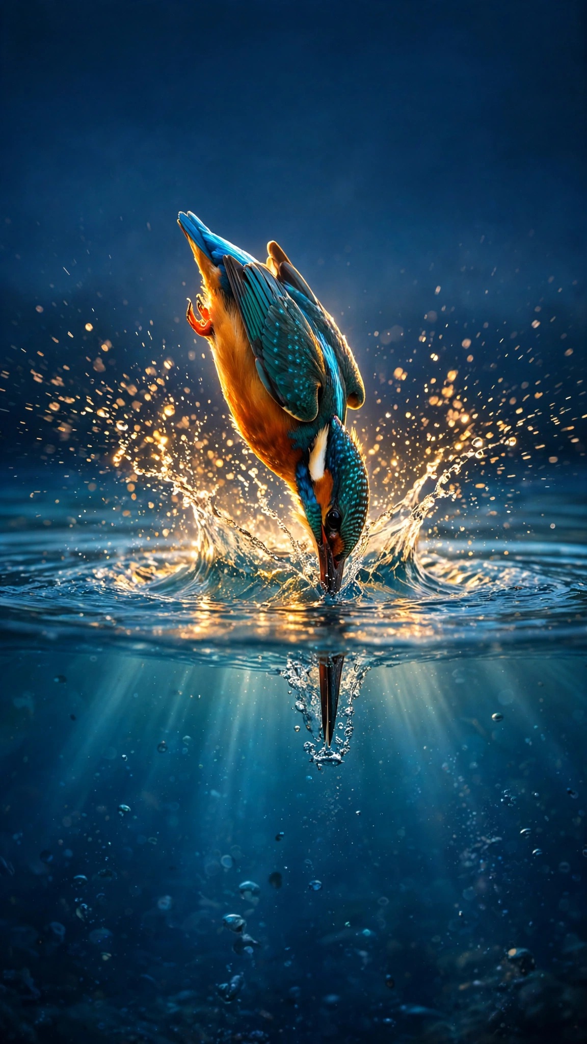 kingfisher diving into blue lagoon water droplets wallpaper
